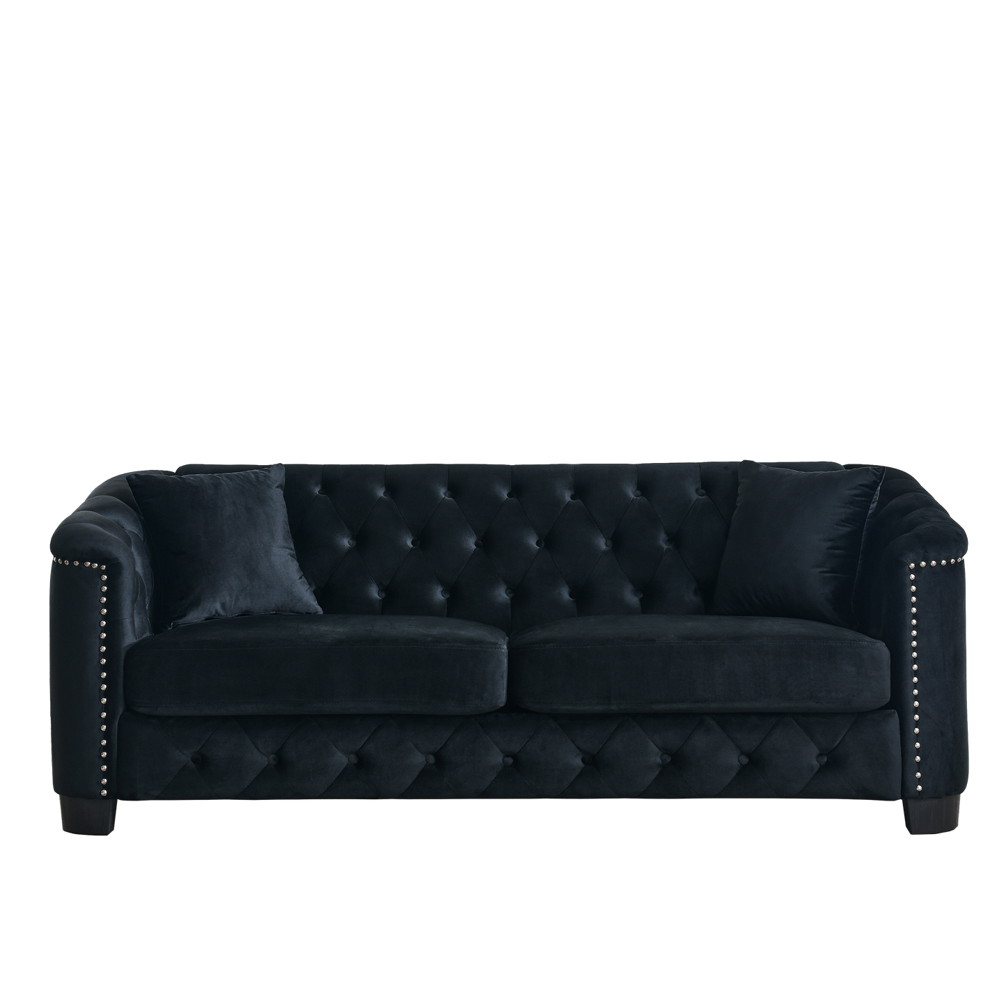 Luxurious 77-Inch Black Velvet Chesterfield Sofa with Nailhead Arms