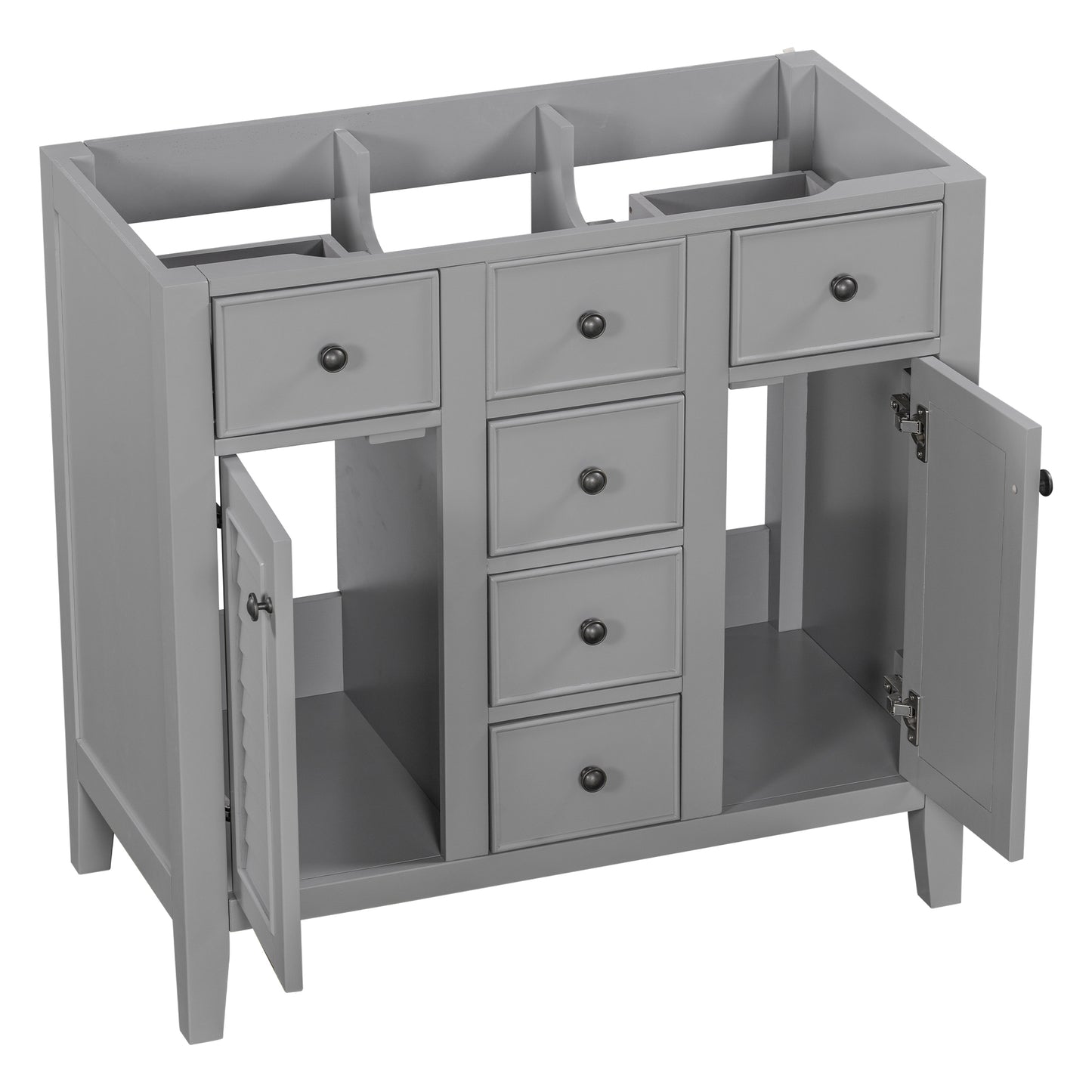 36" Bathroom Vanity without Sink, Cabinet Base Only, Two Cabinets and Five Drawers, Solid Wood Frame, Grey