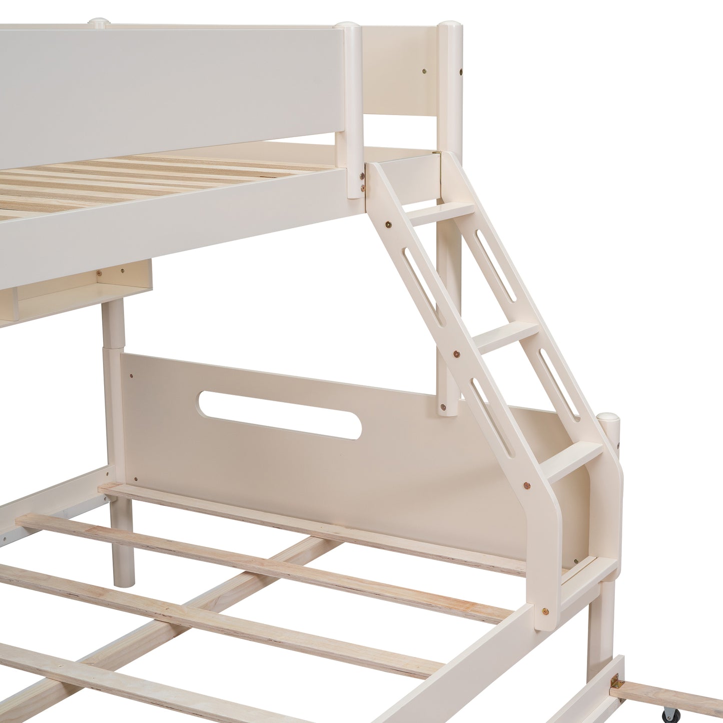 Cream Bunk Bed with Storage Shelves, Twin Trundle, and Solid Pine Construction