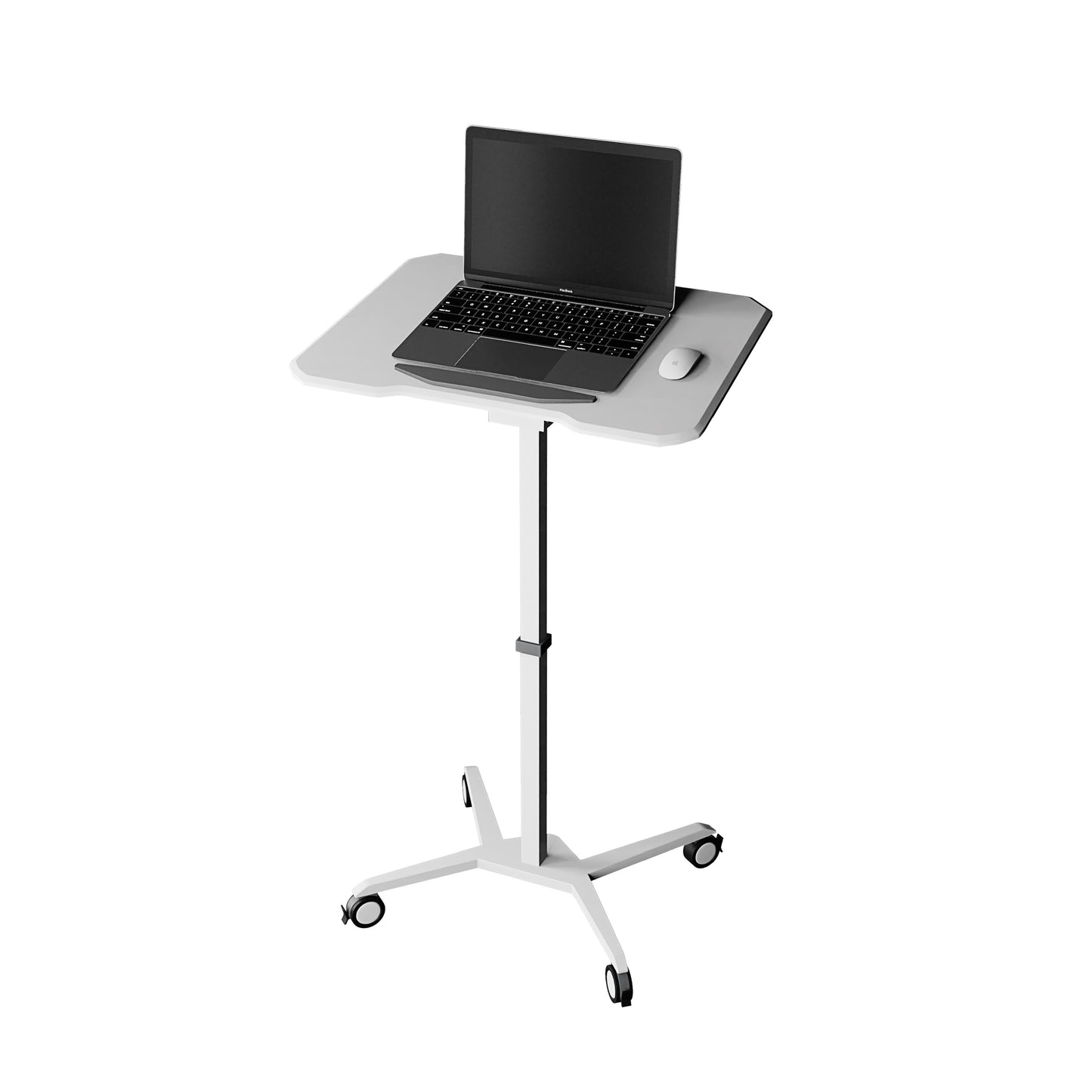 Adjustable White Laptop Stand with Tilt Tabletop and Rolling Mechanism