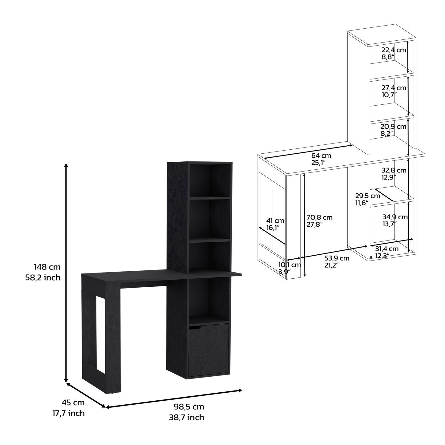 Elegant Black Wengue Office Desk with Bookcase and Lower Cabinet