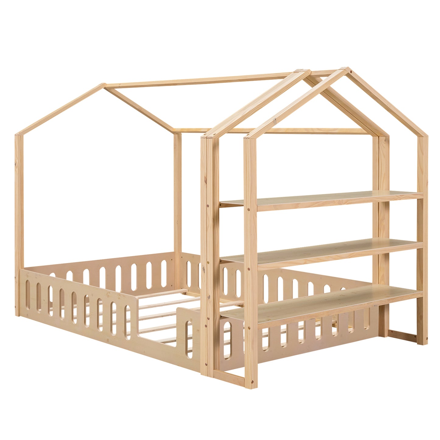 Full Size Wood House Bed with Fence and Detachable Storage Shelves, Natural (Expected Arrival Time: 1.7)