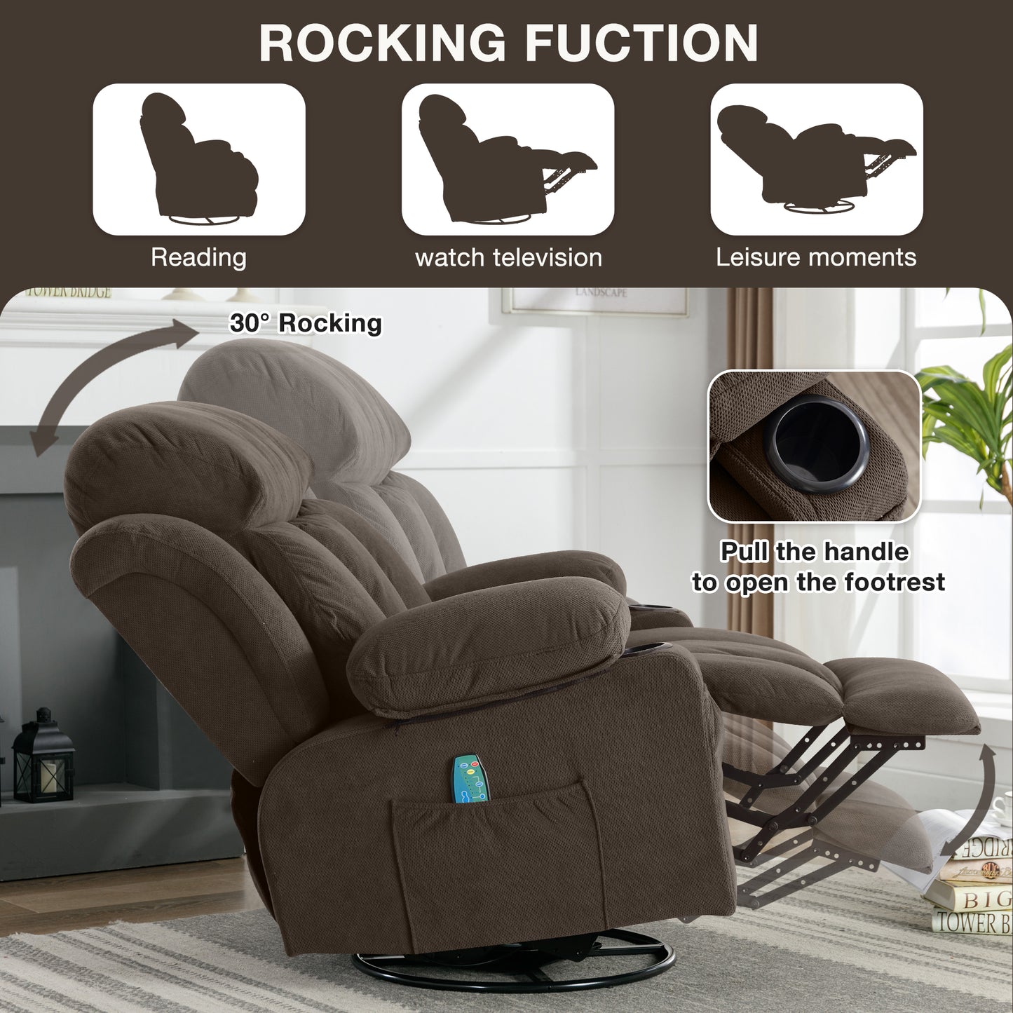 Luxurious Brown Swivel Massage Heated Recliner with USB and Cup Holders