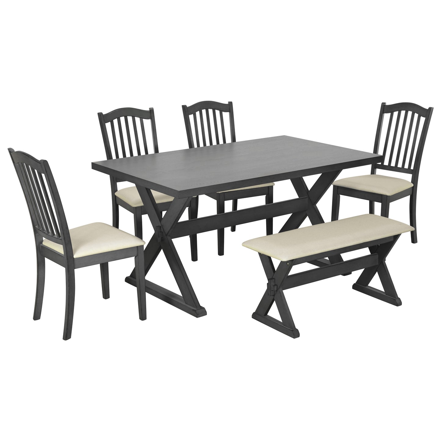 TREXM 6-Piece Rustic Dining Set, Rectangular Trestle Table and 4 Upholstered Chairs & Bench for Dining Room (Gray)