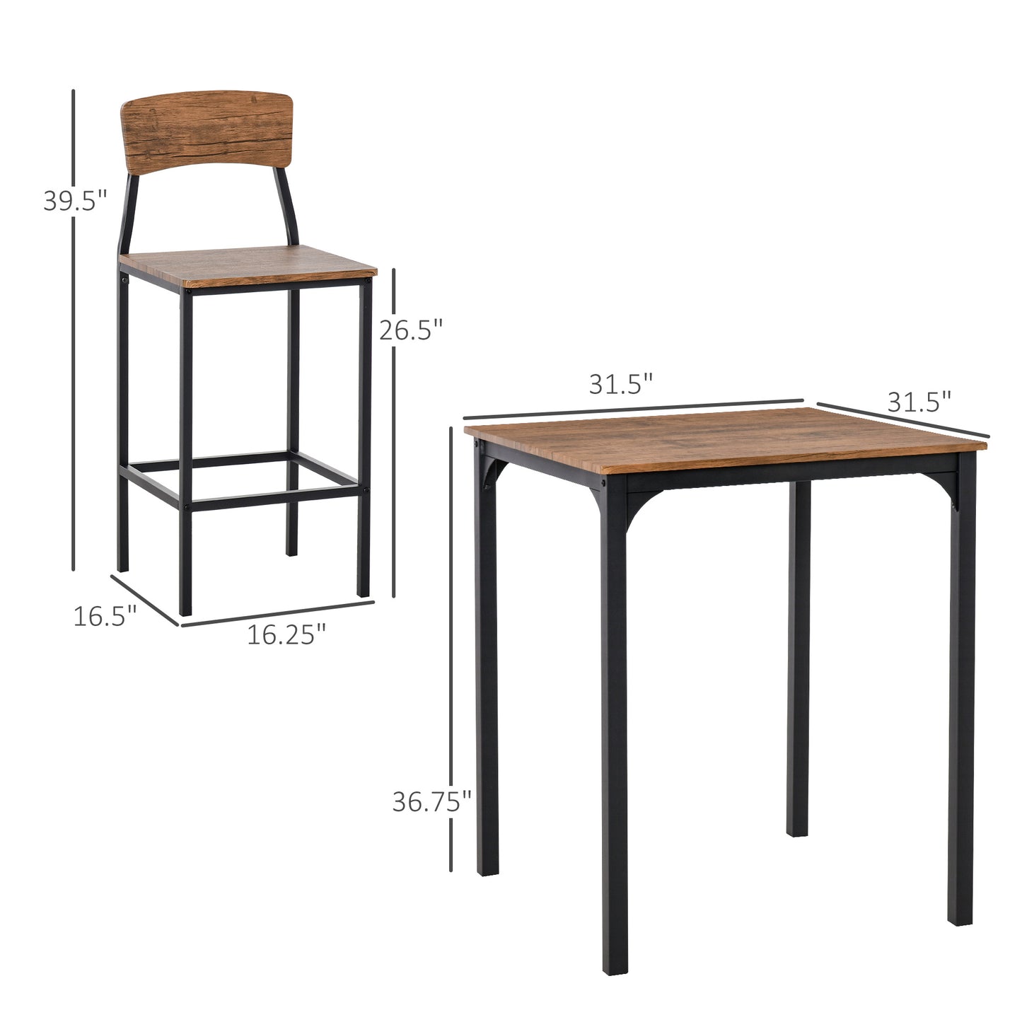 3 Piece Bar Table Set, Industrial Counter Height Dining Table Set, Bar Table & Chairs with Steel Legs & Footrests, Black