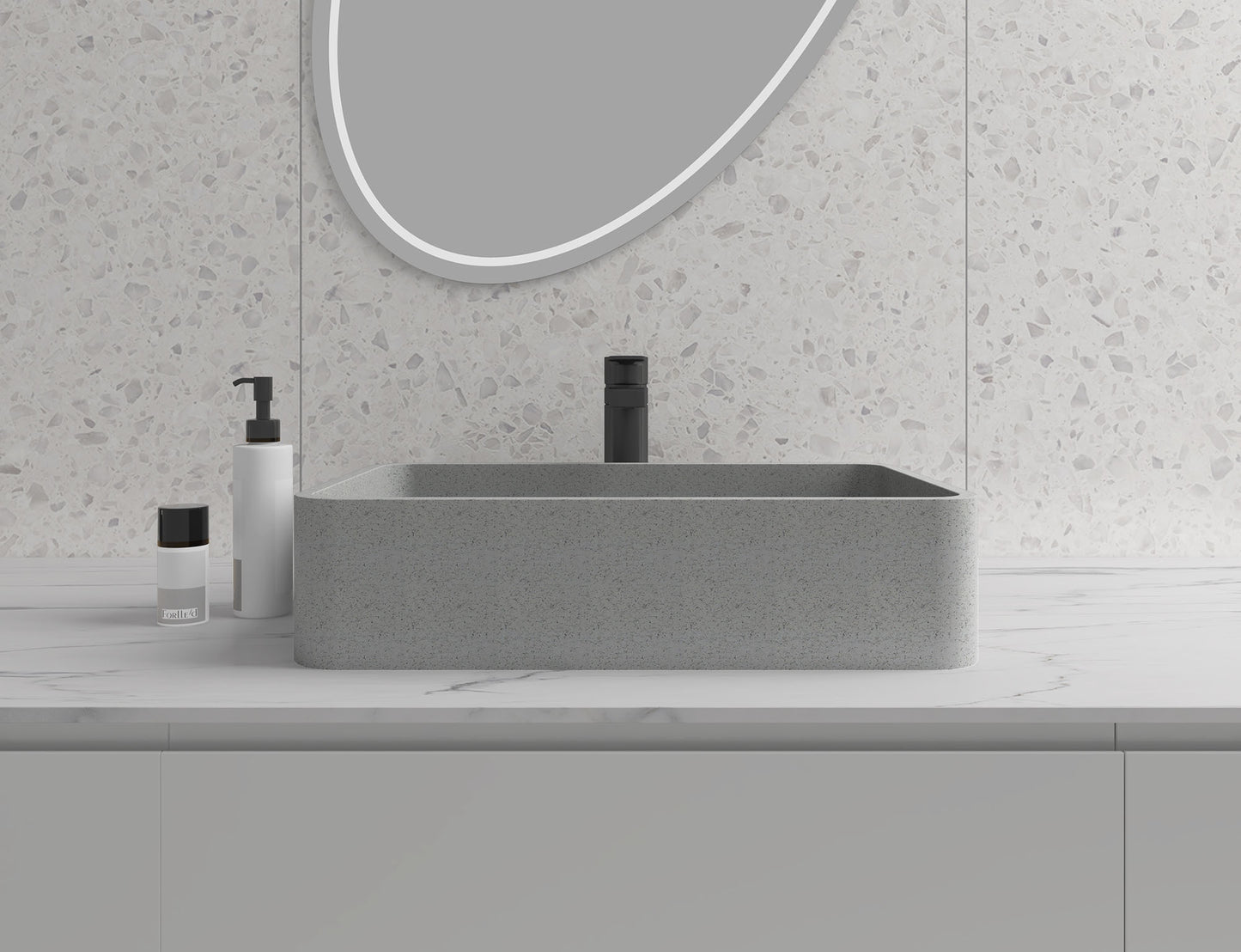 Rectangle Concrete Vessel Bathroom Sink Handmade Concreto Stone Basin Counter Freestanding  Bathroom Vessel  Sink in Grey without  Faucet and Drain