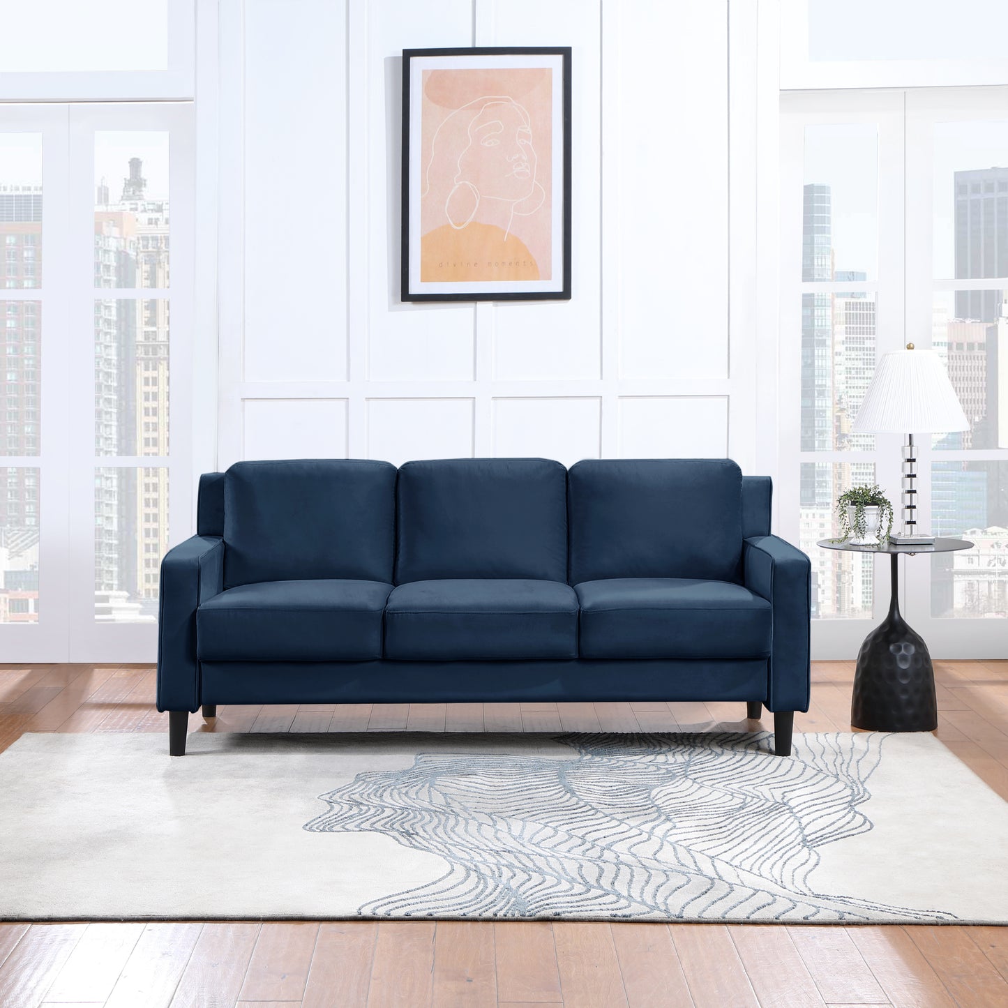 Blue Velvet 3-Seater Loveseat Sofa with High-Density Foam and Sturdy Frame