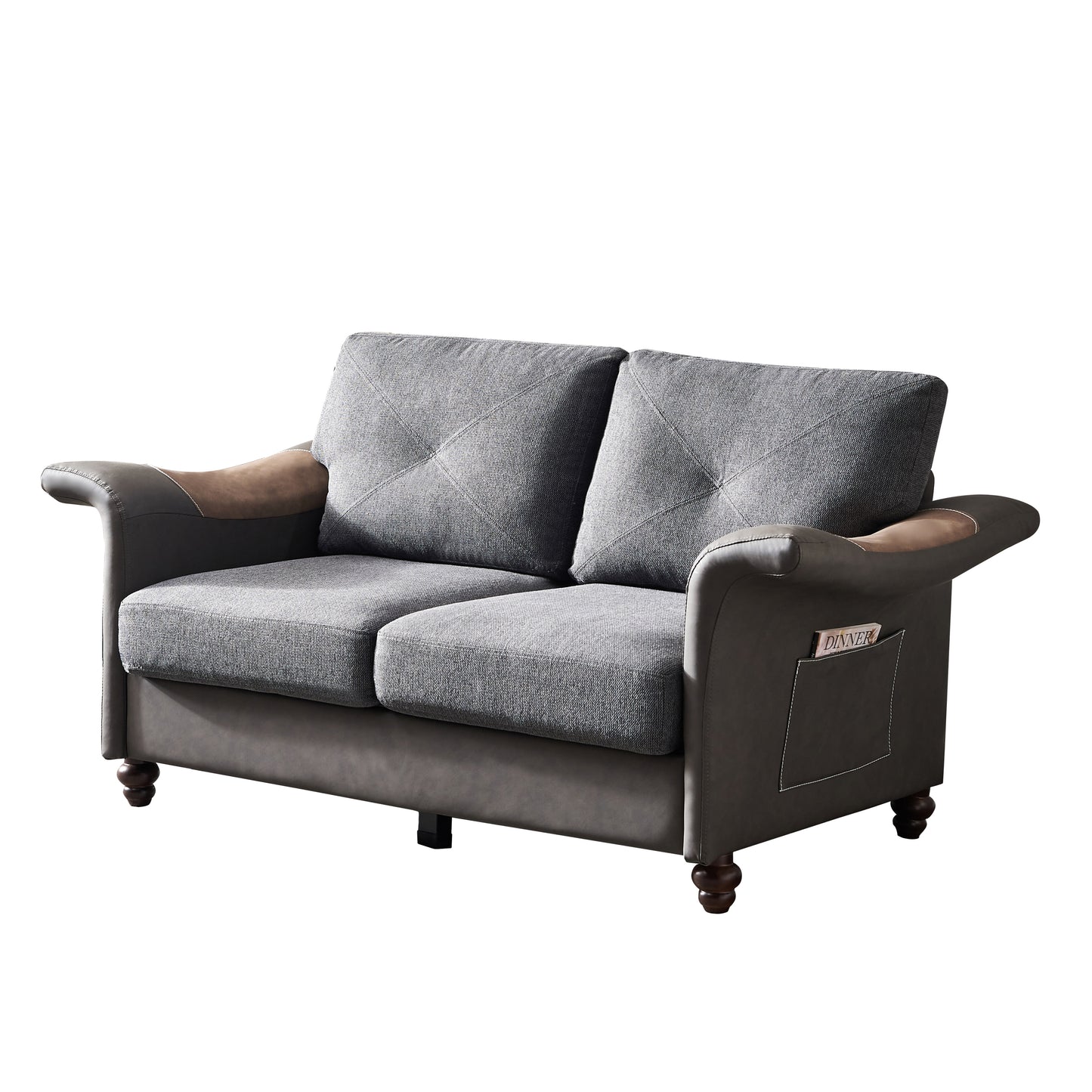 Living Room General Use Linen Fabric Faux Leather with Wood Leg Love Seat (Dark Grey)