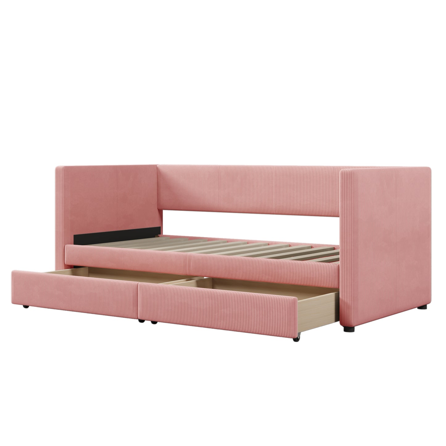 Twin Size Corduroy Daybed with Two Drawers and Wood Slat, Pink