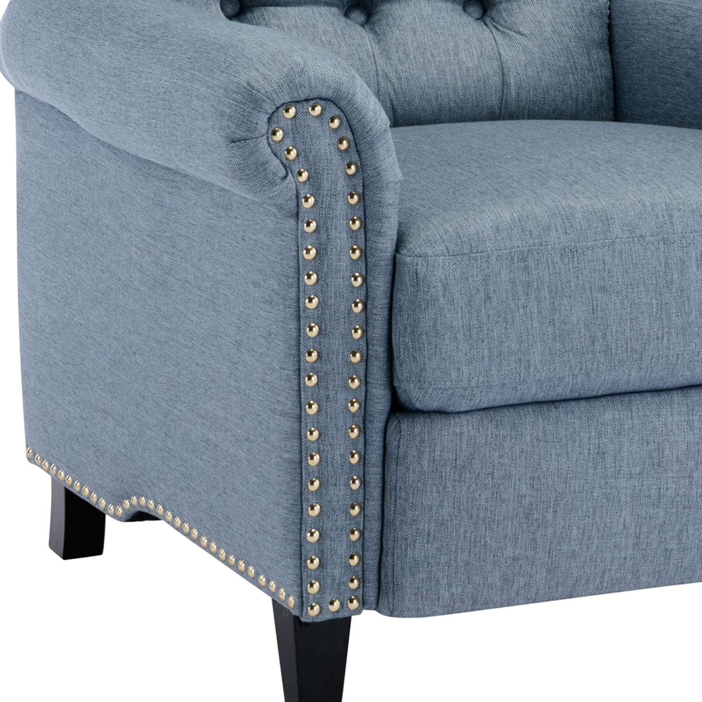 Luxurious Blue Linen Recliner with Pushback Function and Nailhead Trim