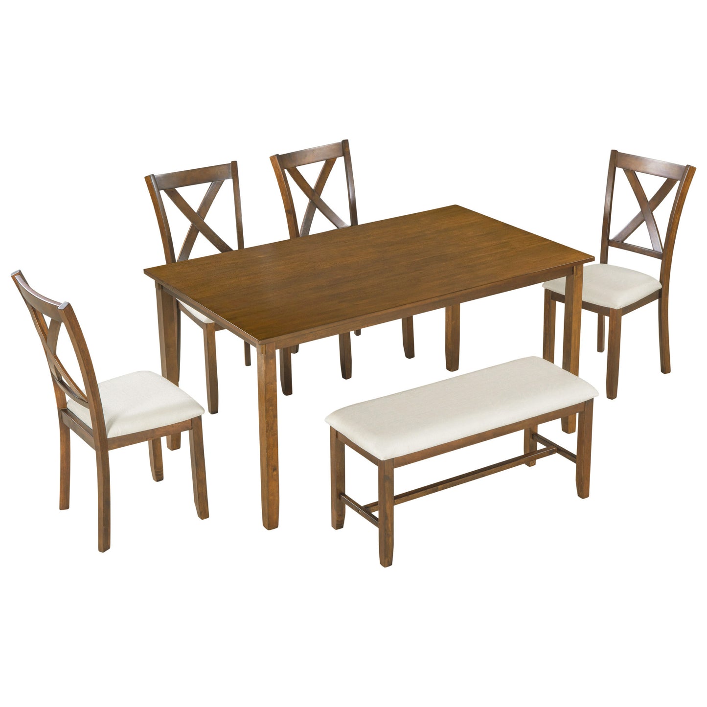 TREXM 6-Piece Kitchen Dining Table Set Wooden Rectangular Dining Table, 4 Fabric Chairs and Bench Family Furniture (Natural Cherry)