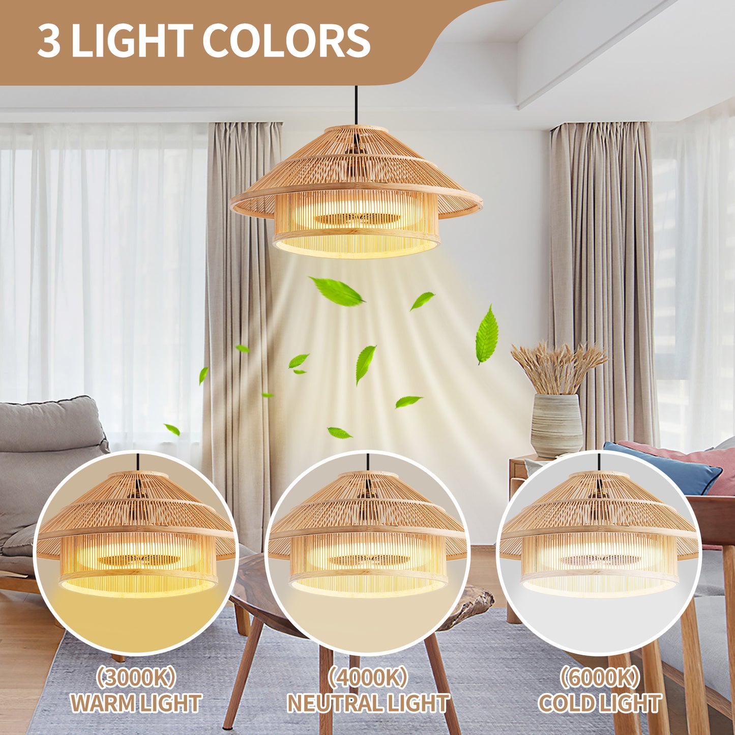 Bamboo Ceiling Fan Lights with Stepless Dimming