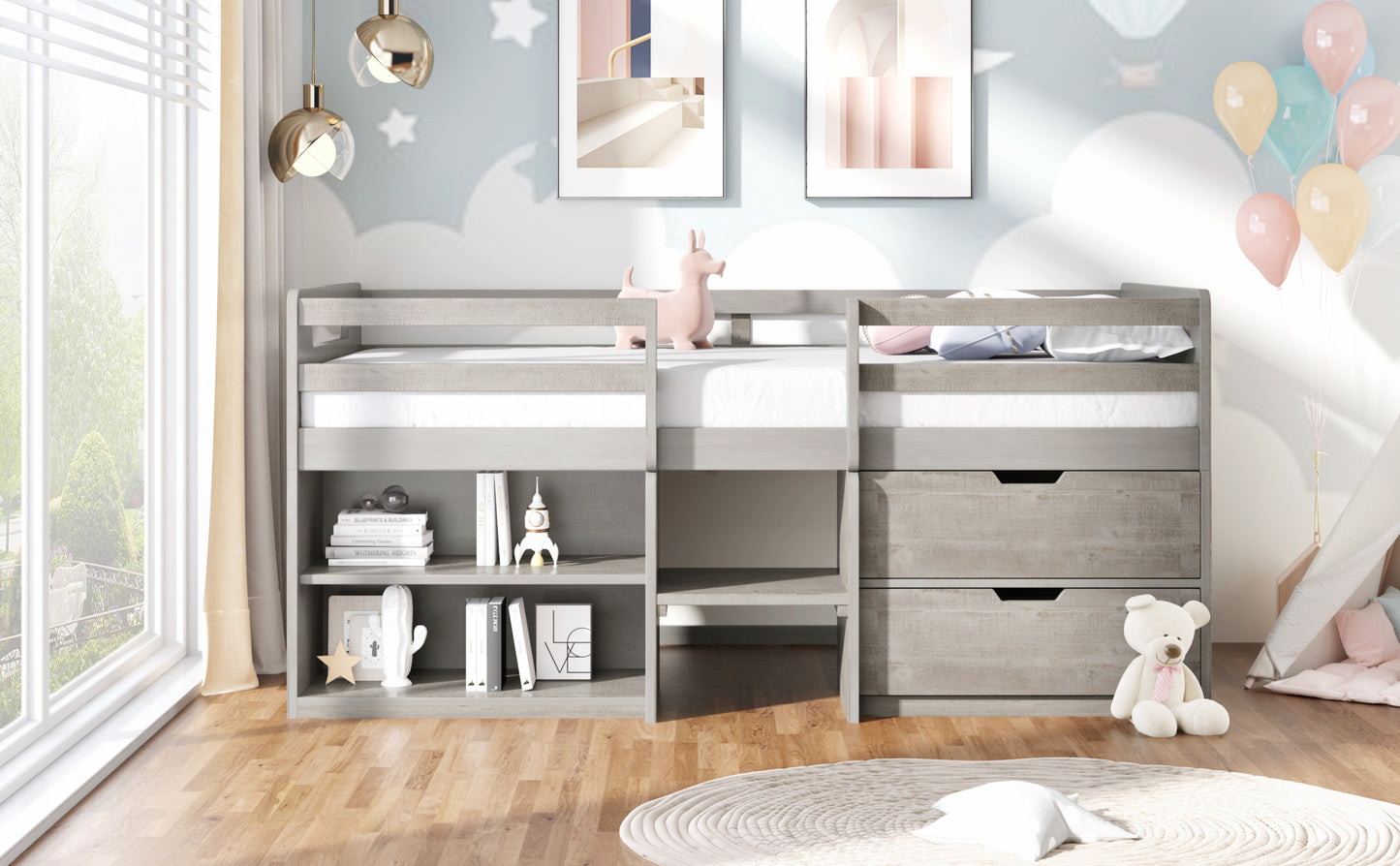 Twin size Loft Bed with Two Shelves and Two drawers (Antique Gray)