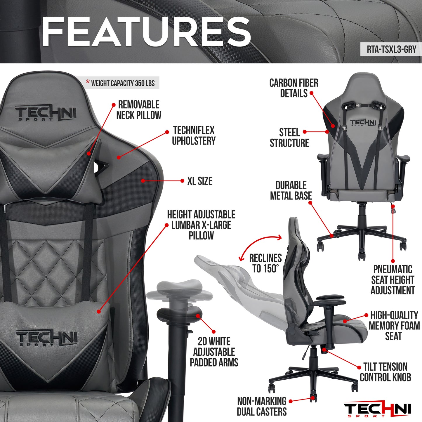 Techni Sport XL Ergonomic Gaming Chair , Grey