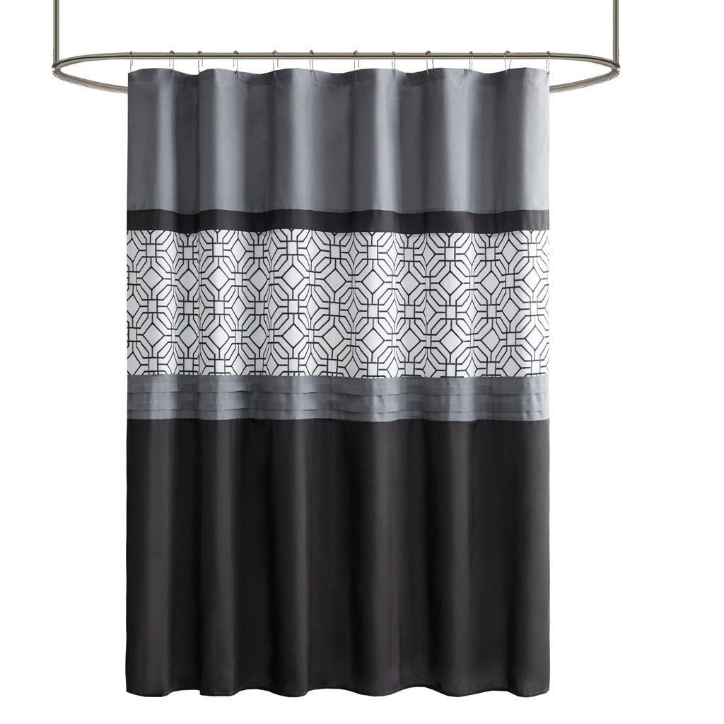 Embroidered Geometric Shower Curtain with Pintuck Design