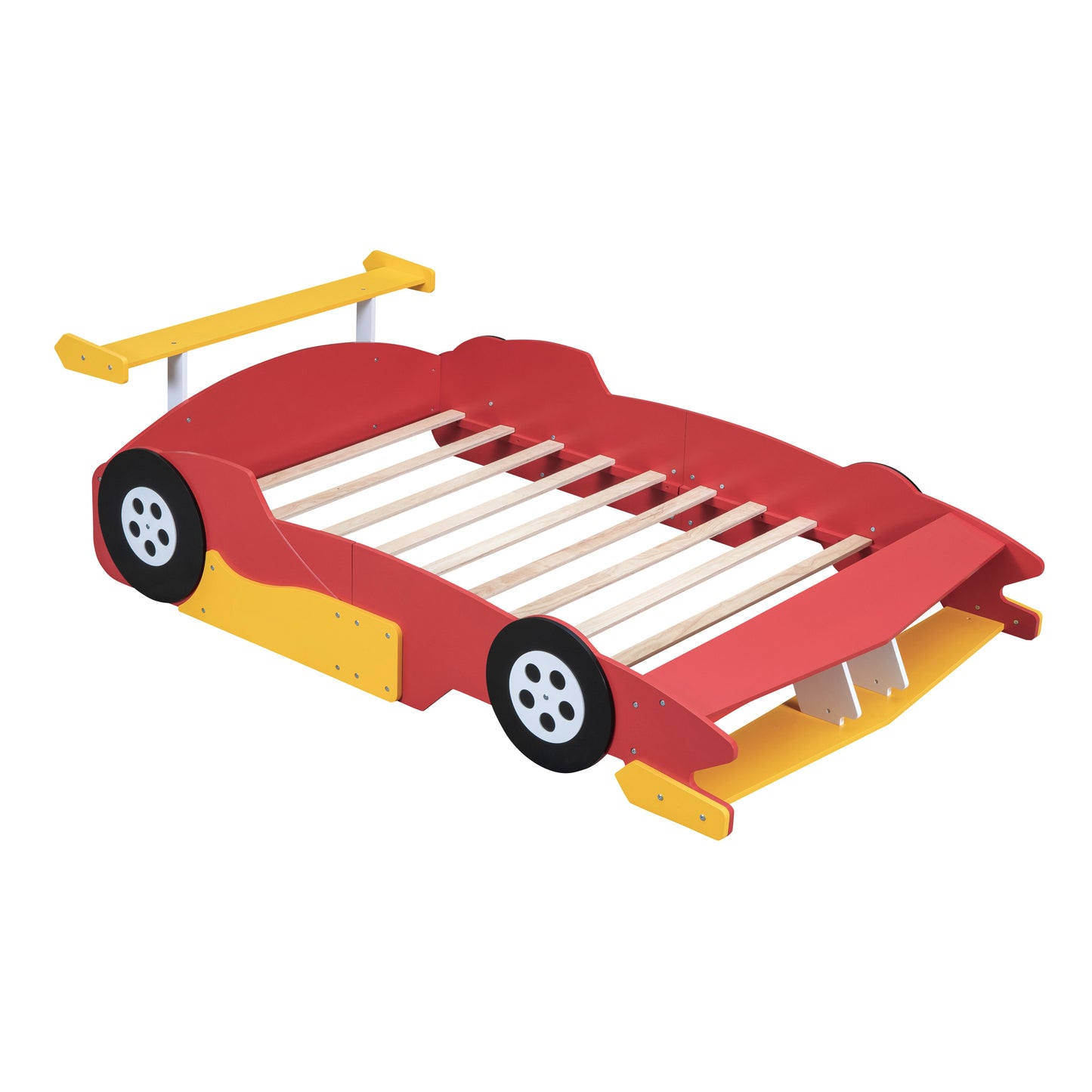 Full Size Race Car-Shaped Platform Bed with Wheels,Red