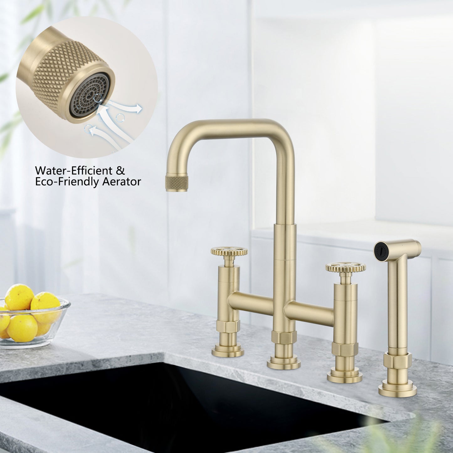 Double Handle Bridge Kitchen Faucet with Side Spray