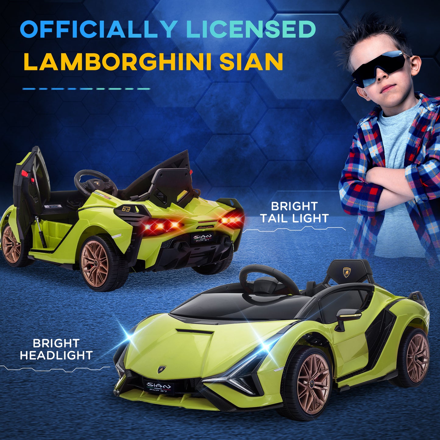 Aosom Lamborghini SIAN Licensed Kids Ride On Car, 12V Battery Powered Electric Sports Car Toy with Remote Control, Horn, Music, & Headlights for 3-5 Years Old， Green