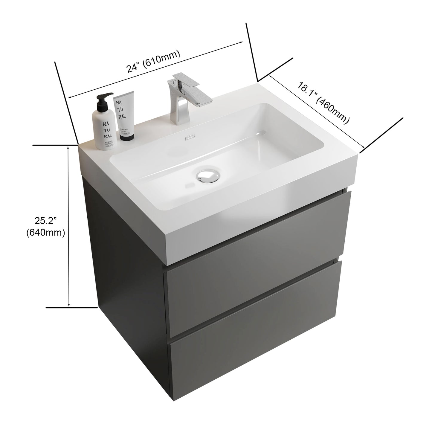 Alice 24" Gray Bathroom Vanity with Sink, Large Storage Wall Mounted Floating Bathroom Vanity for Modern Bathroom, One-Piece White Sink Basin without Drain and Faucet