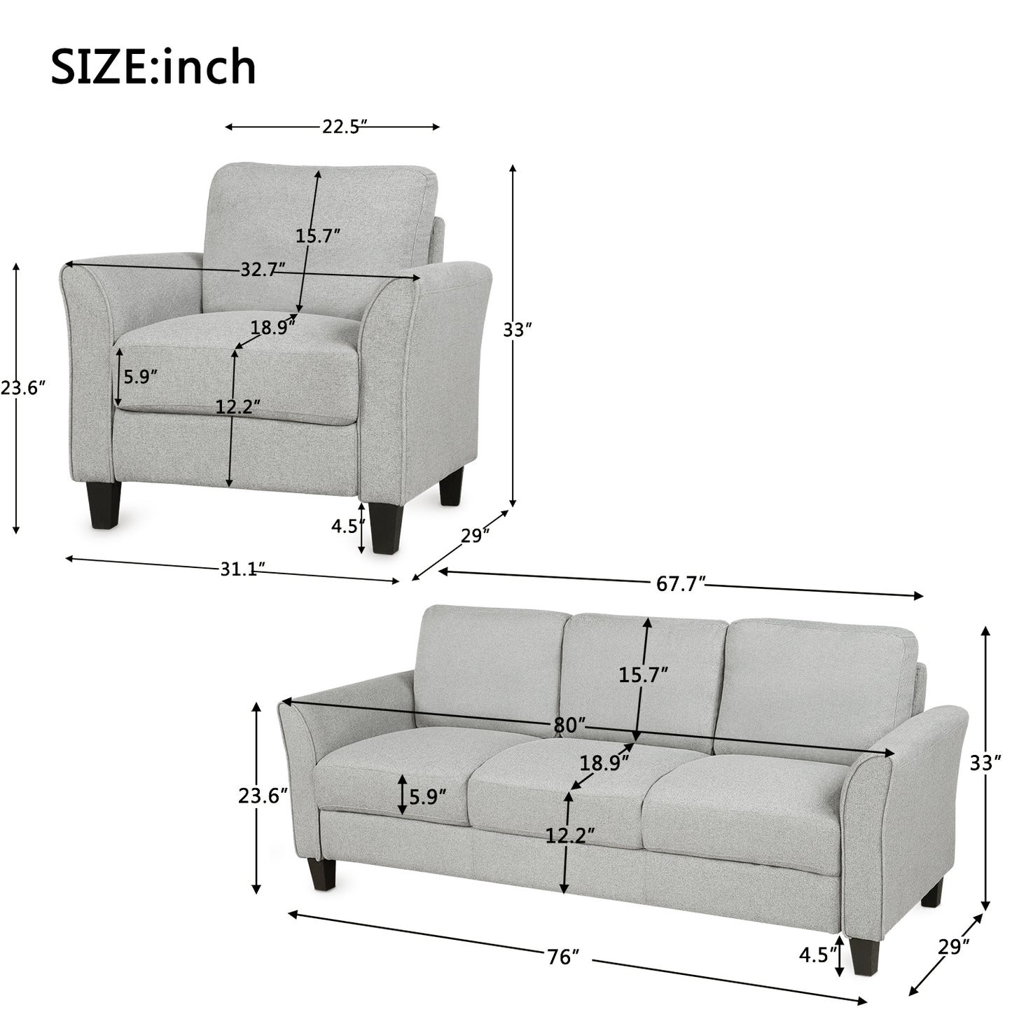 Living Room Furniture chair  and 3-seat Sofa (Light Gray)