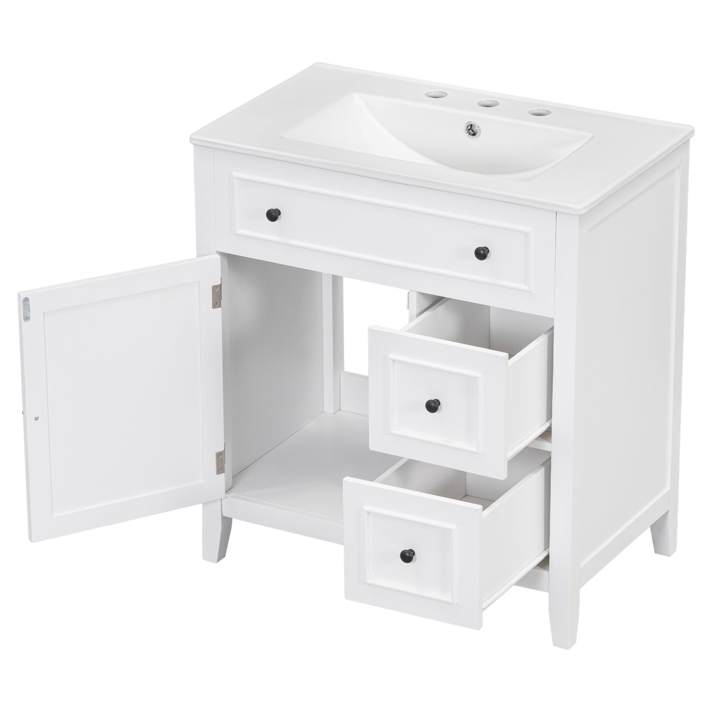 30" Bathroom Vanity with Sink Top, Bathroom Vanity Cabinet with Door and Two Drawers, Solid Wood Frame, One Package, White