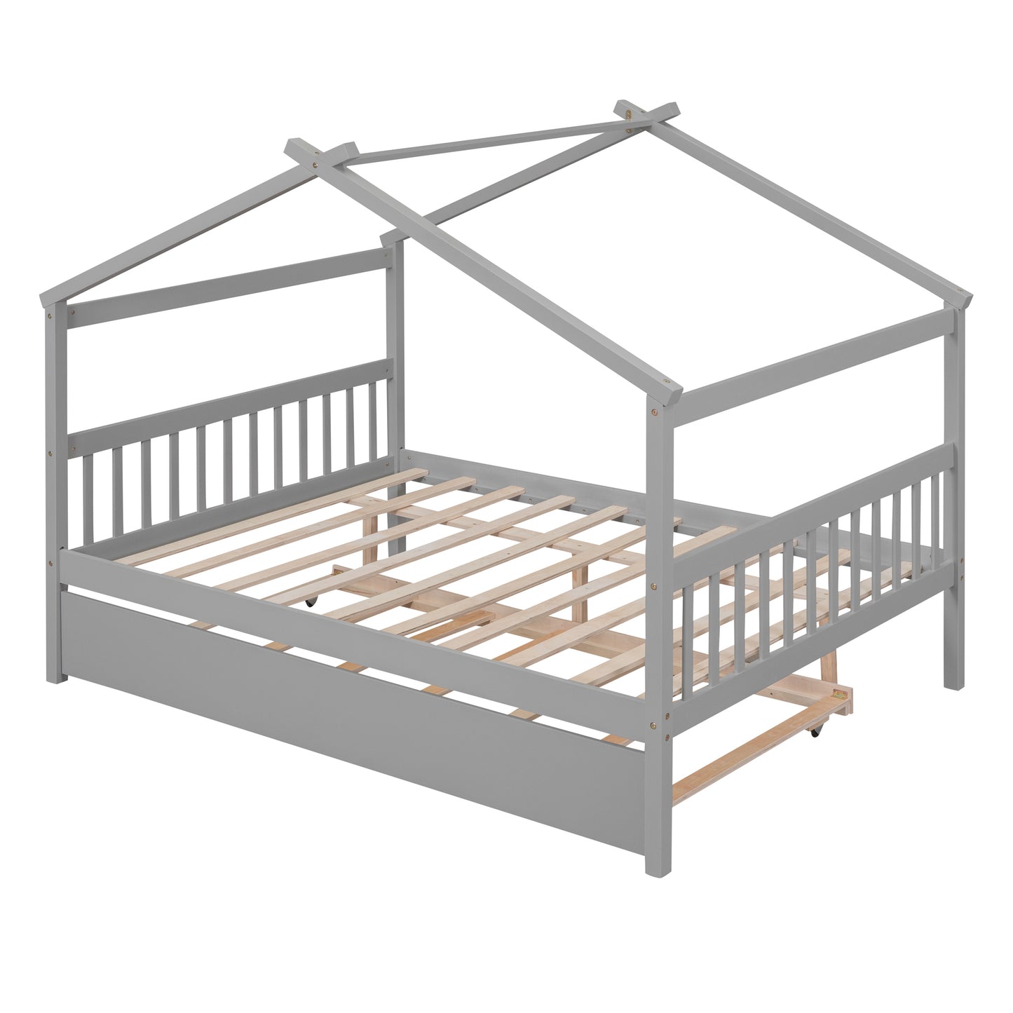 Full Size Wooden House Bed with Twin Size Trundle, Gray