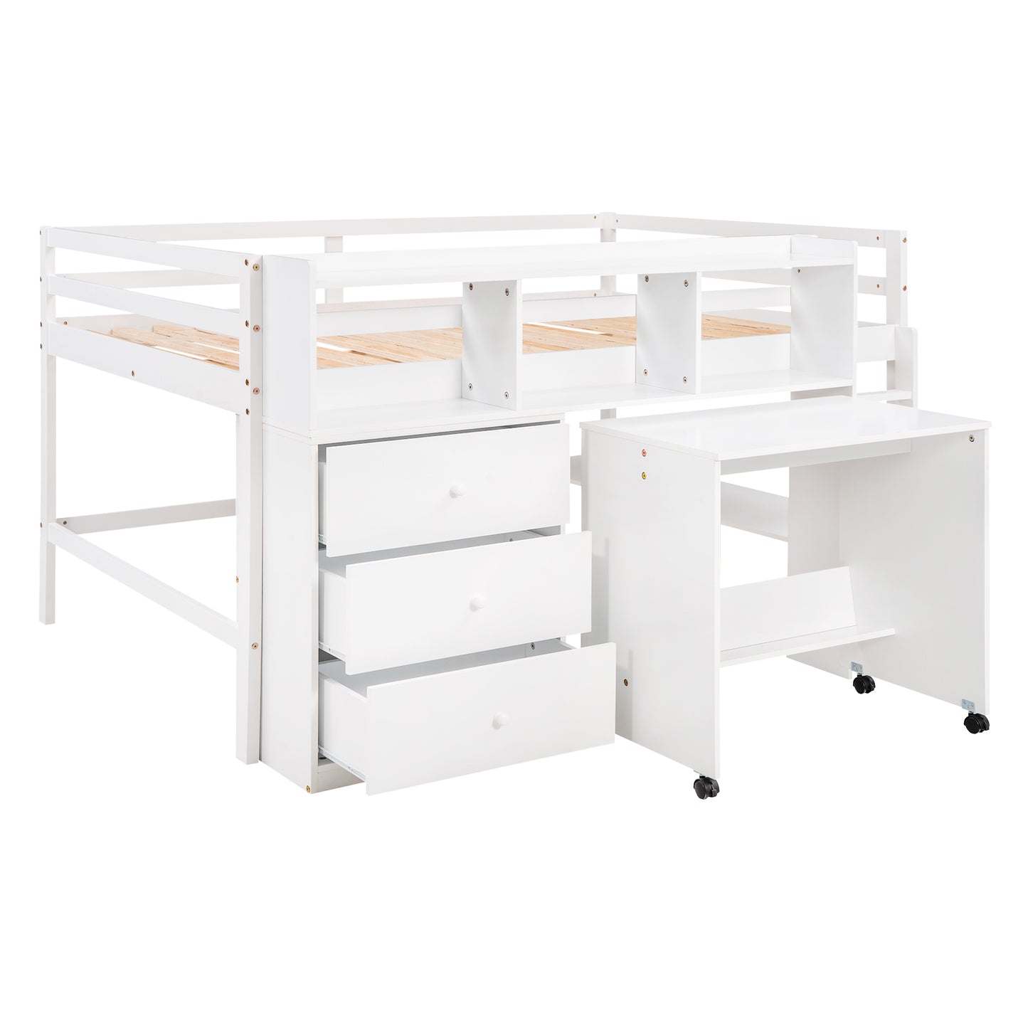 Full Size Low Loft Bed with Rolling Portable Desk, Drawers and Shelves, White(: GX000711AAK)