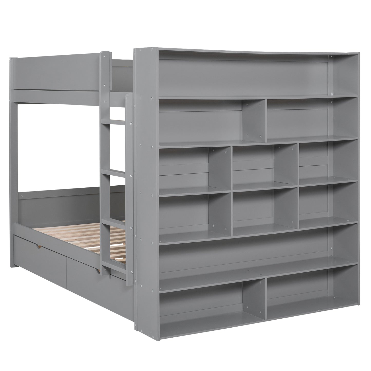 Gray Full over Full Bunk Bed with Storage Drawers and Cabinet for Kids