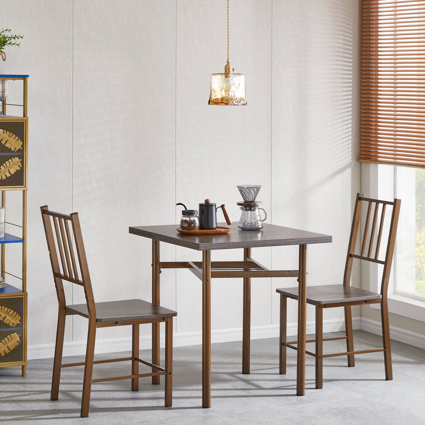 Dining Set for 2, Square wooden Dining Table with 4 Legs and 2 Metal Chair for Home Office, Kitchen, Dining Room