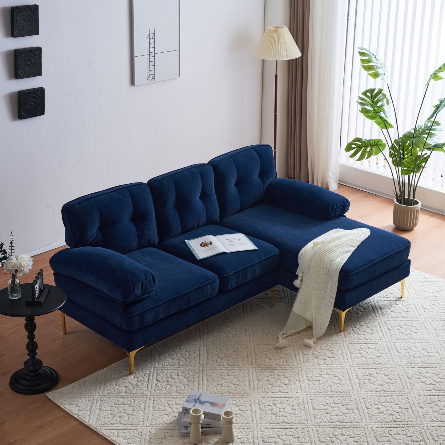 83 Blue Velvet L-Shaped Sectional Sofa with Mid-Century Modern Vibes