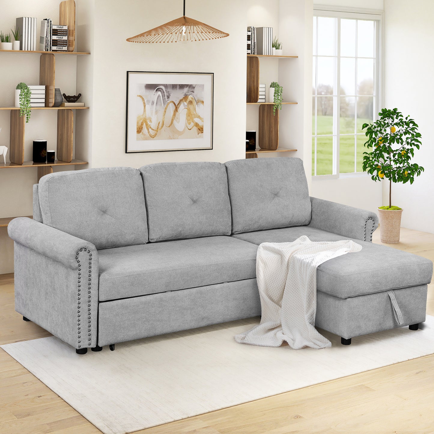 Modern 83-Inch Sleeper Sofa Bed with Chaise and Storage, Gray