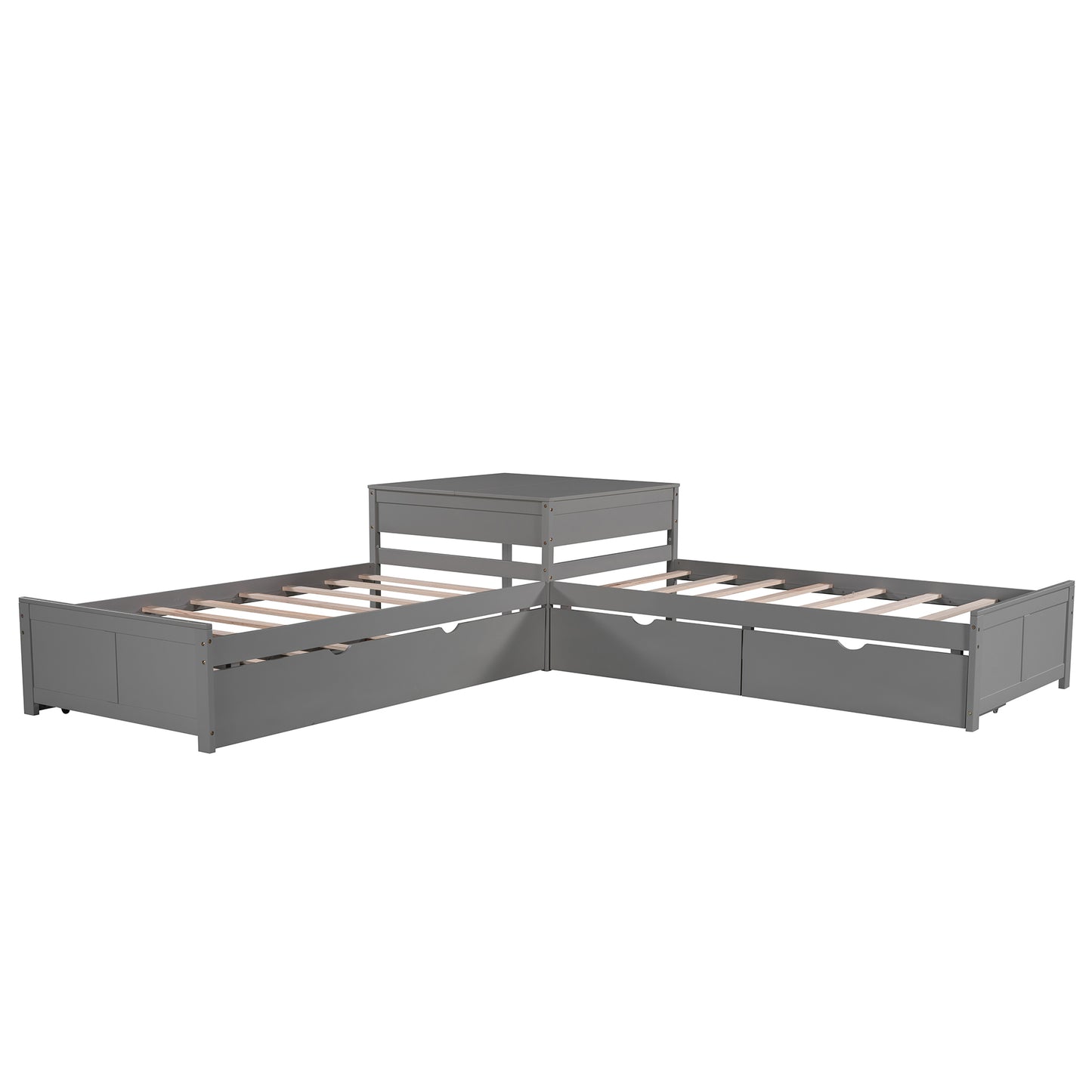 L-shaped Platform Bed with Trundle and Drawers Linked with built-in Desk,Twin,Gray