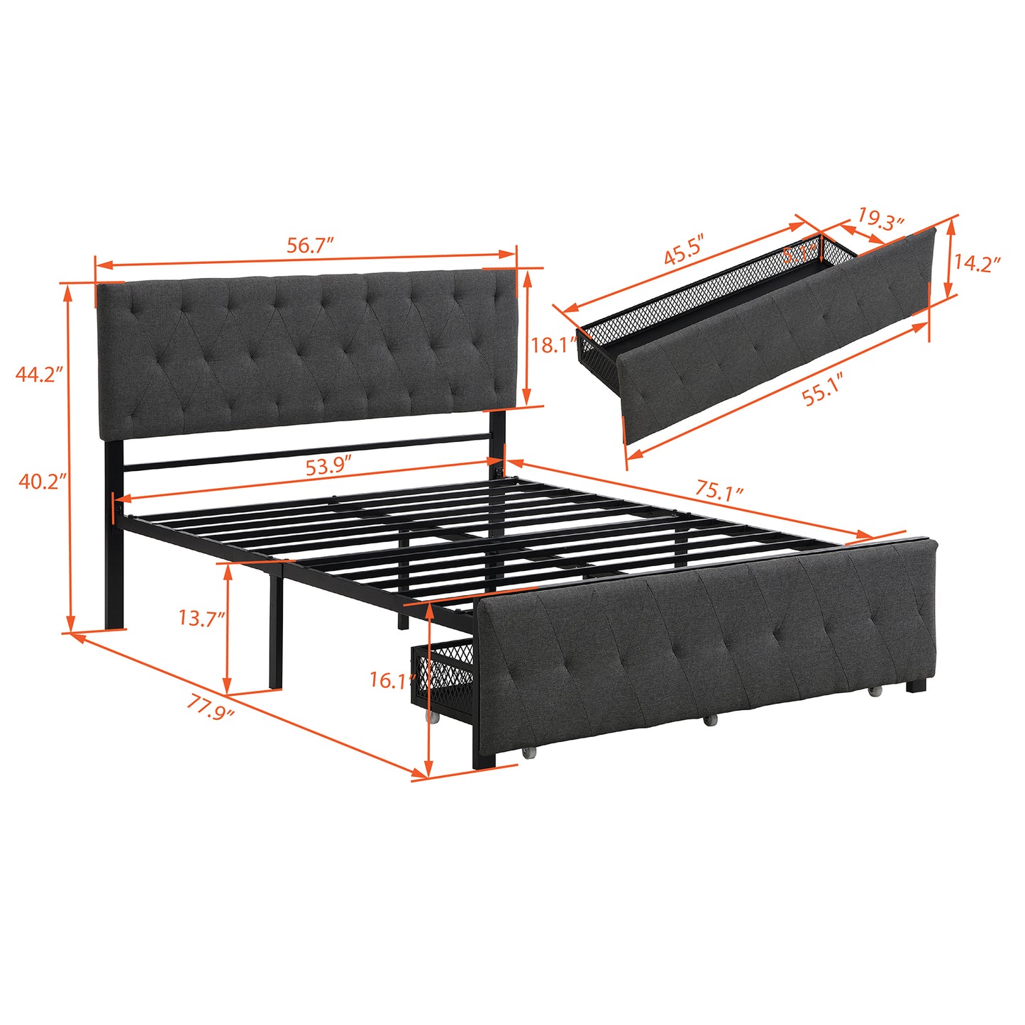 Full Size Storage Bed Metal Platform Bed with a Big Drawer - Gray