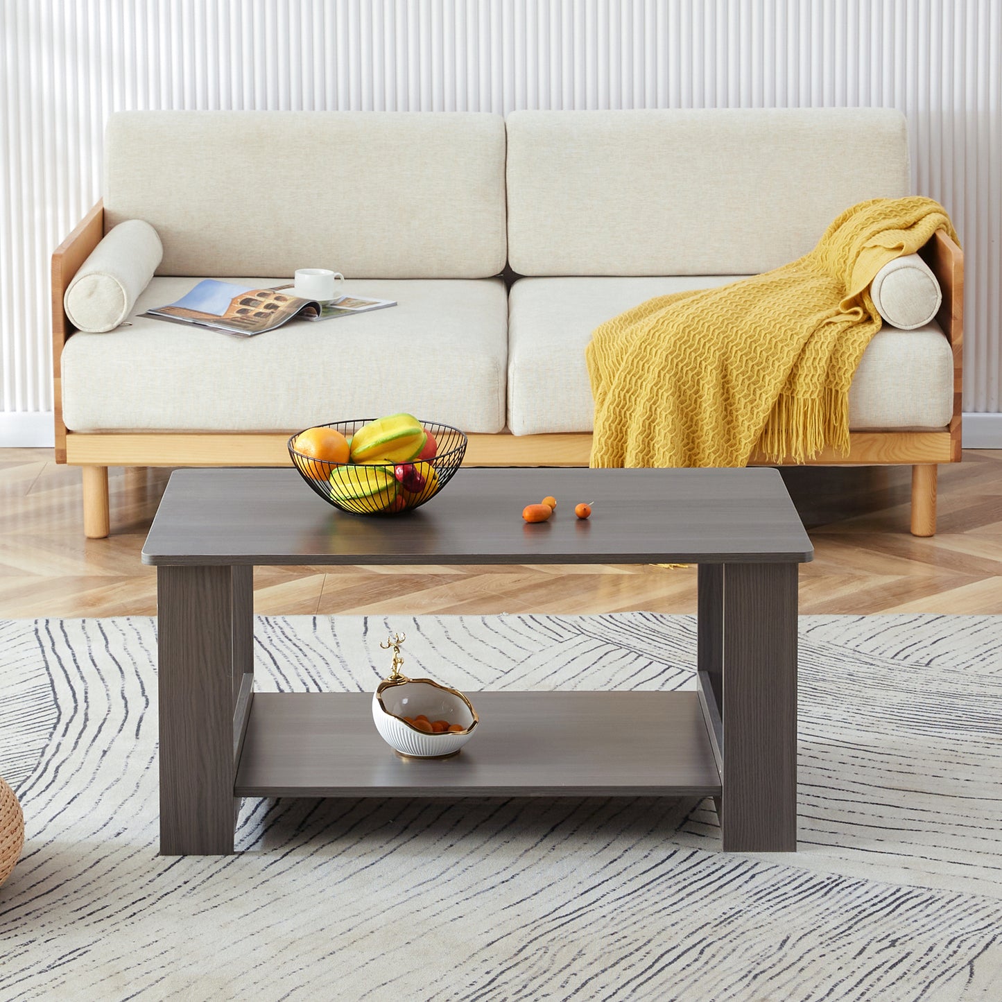 Elegant Gray Wood Grain Double Layered Rectangular Coffee Table, Perfect for Any Room