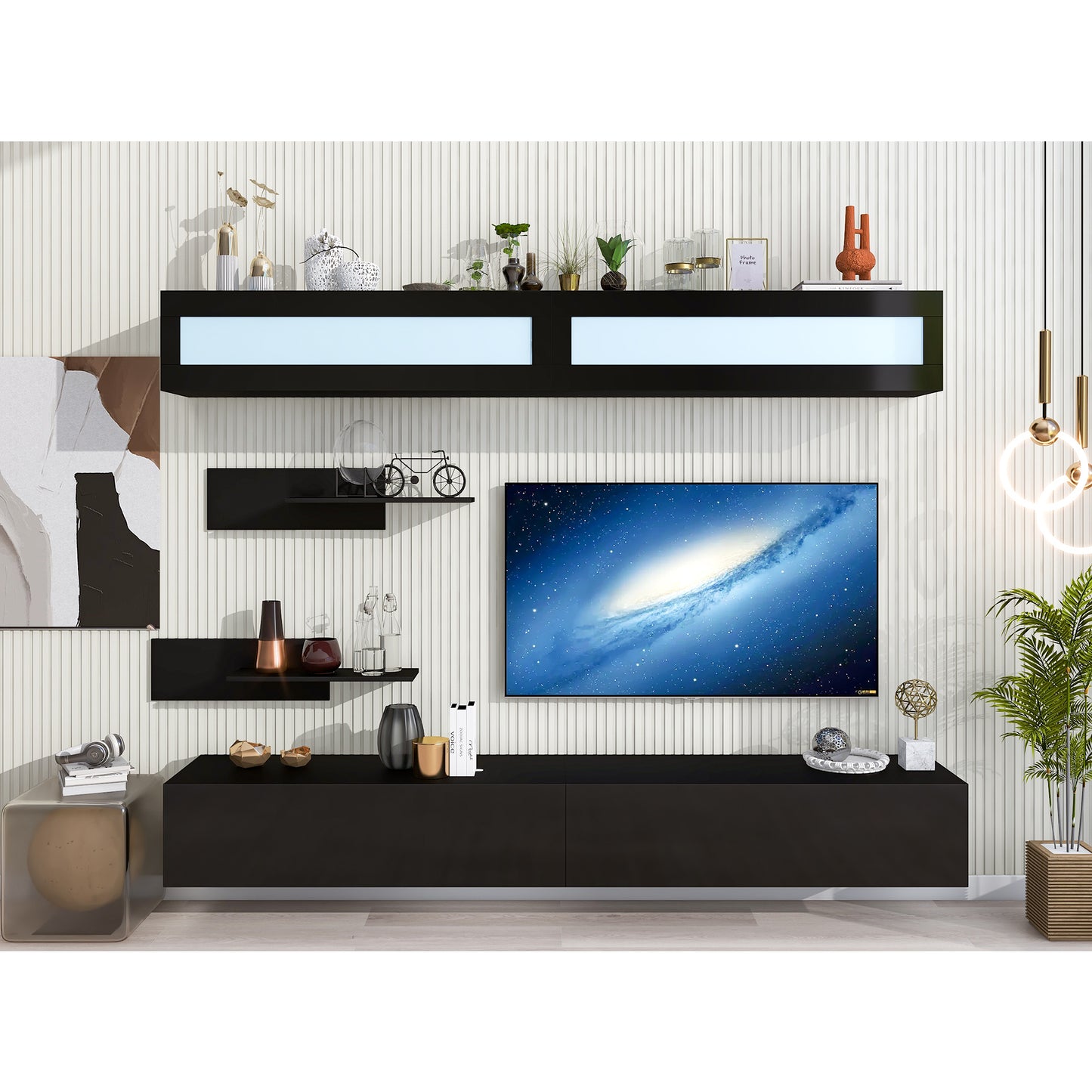 Modern Black Wall Mount Floating TV Stand with LED Lights and Media Storage