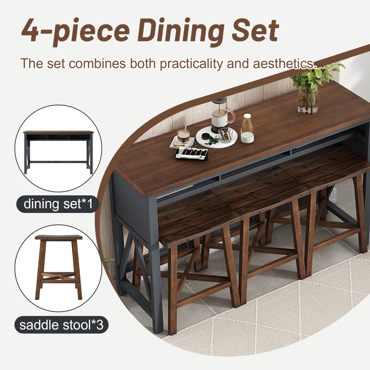 Farmhouse Counter Height 4-Piece Dining Table Set, 60" Console Kitchen Table Set with 3 Stools for Small Places,Walnut