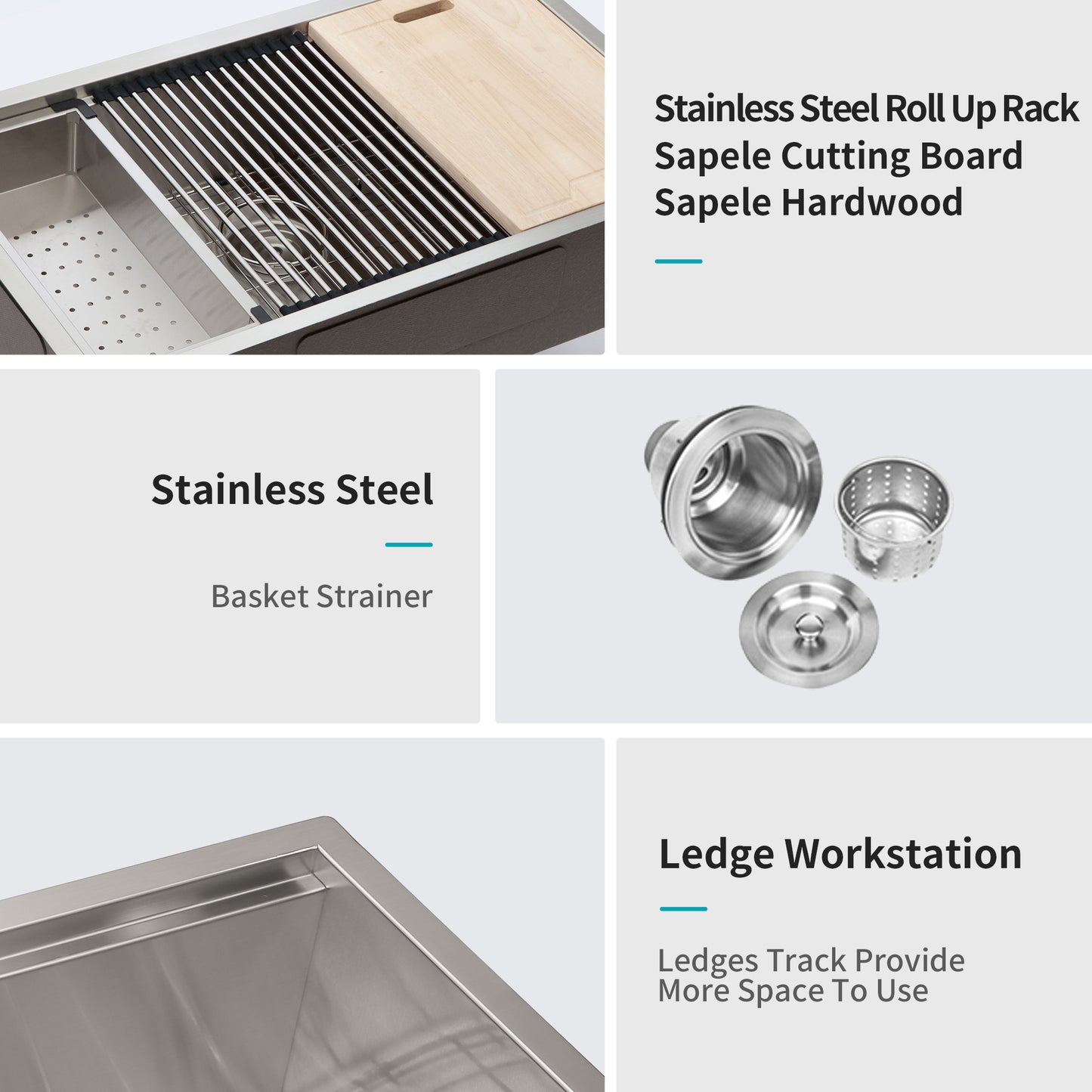 33-Inch Stainless Steel Undermount Kitchen Sink with Built-In Workspace