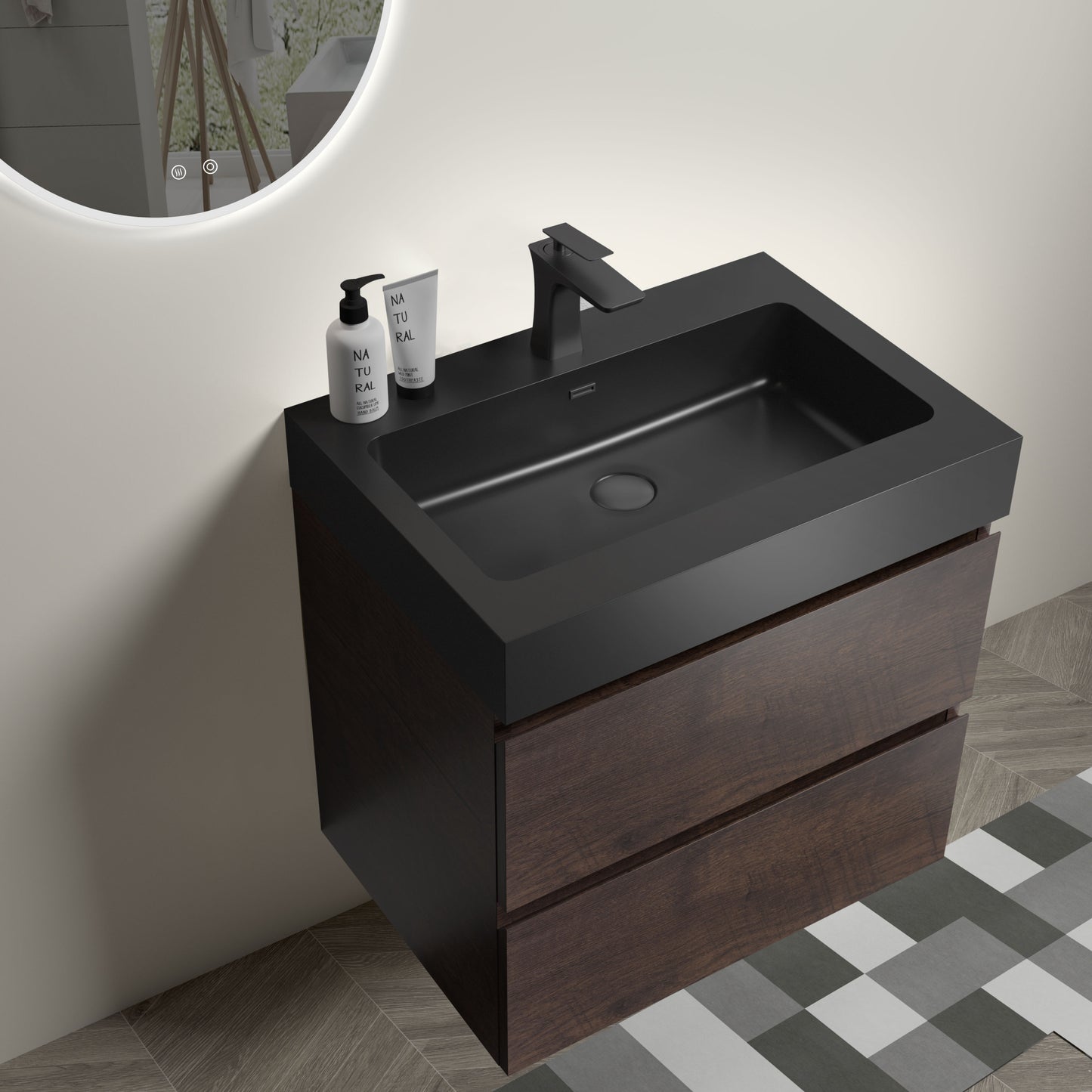 Alice-24W-105,Wall mount cabinet WITHOUT basin,Walnut color,With two drawers