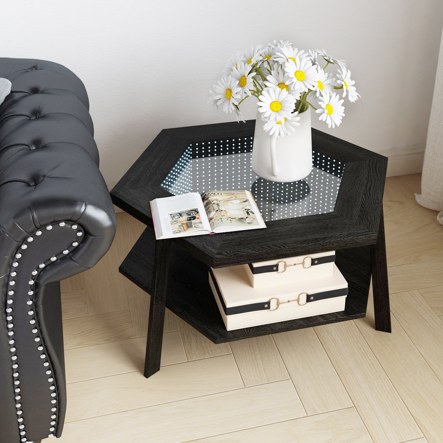 Modern Hexagonal LED Coffee Table with Bluetooth Speakers and Storage