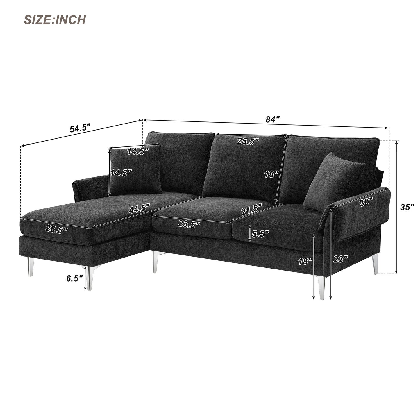 84-Inch Convertible L-Shaped Sectional Sofa with Reversible Chaise