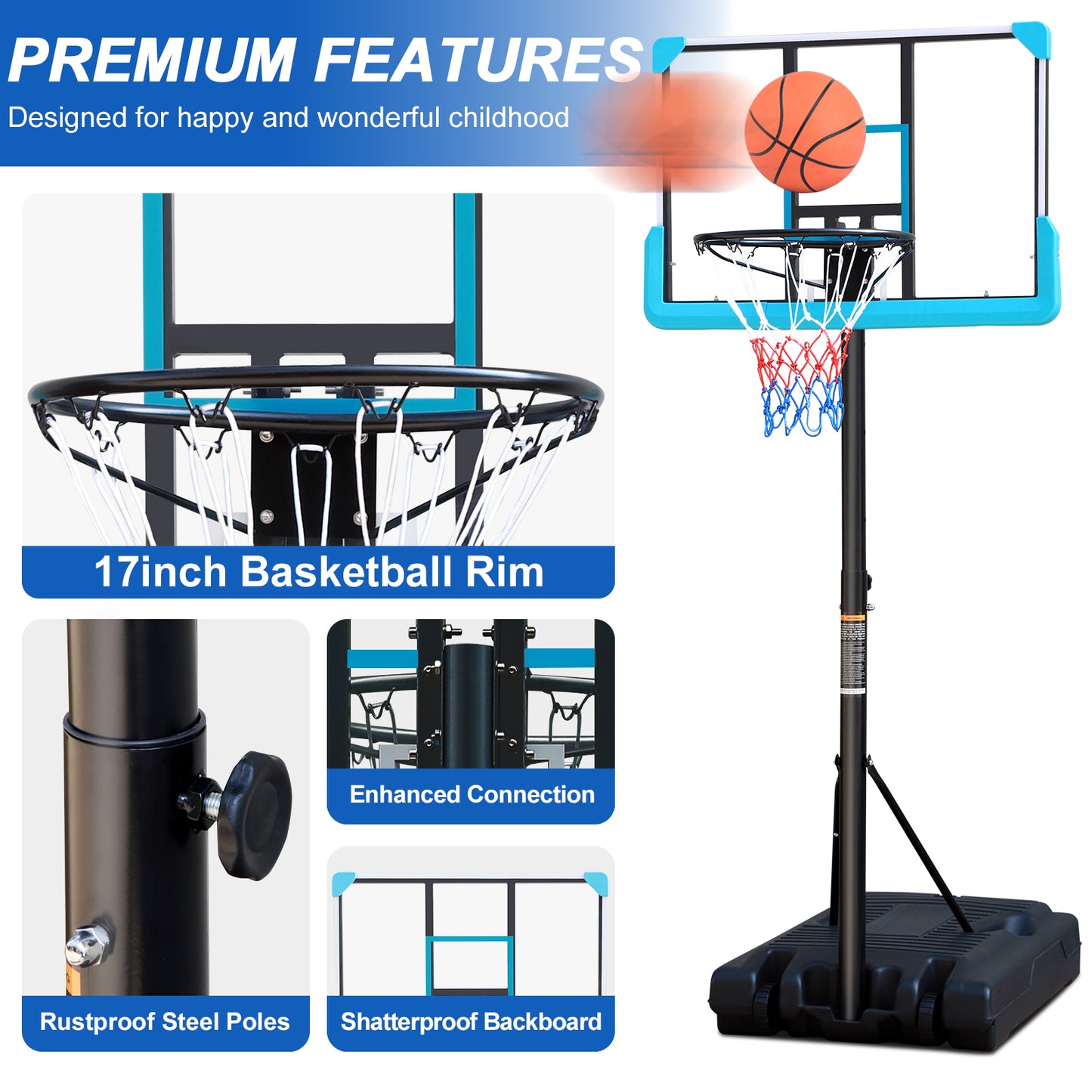 Portable Poolside Black Basketball Hoop Swimming Pool 4ft to 6.5ft Height-Adjustable Basketball System Goal Stand for Kids