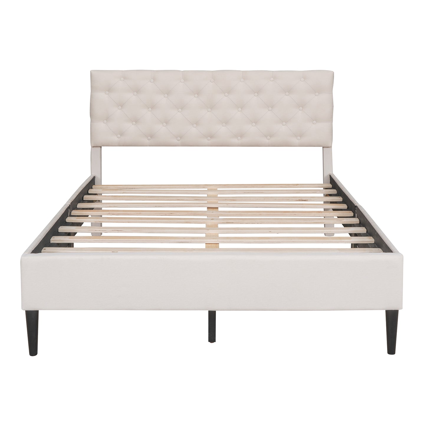 Upholstered Linen Platform Bed, Full Size, Beige