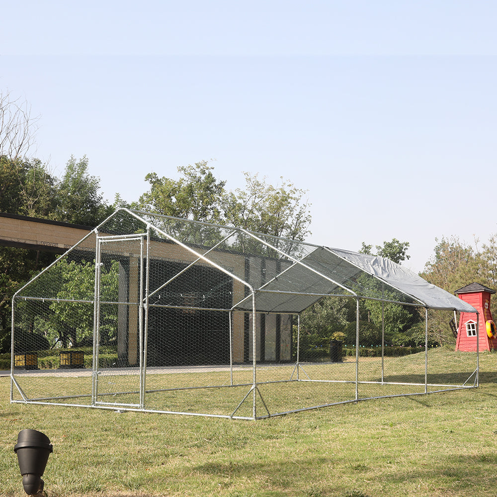 Large Metal Chicken Coop Walk-in Poultry Cage Hen Run House Rabbits Habitat Cage Spire Shaped Coop with Waterproof and Anti-Ultraviolet Cover (9.8' L x 19.7' W x 6.4' H)