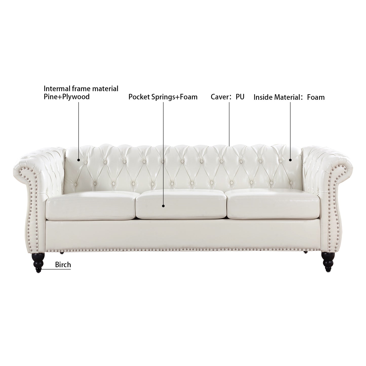 Luxurious 84.65 Rolled Arm Chesterfield 3 Seater Sofa