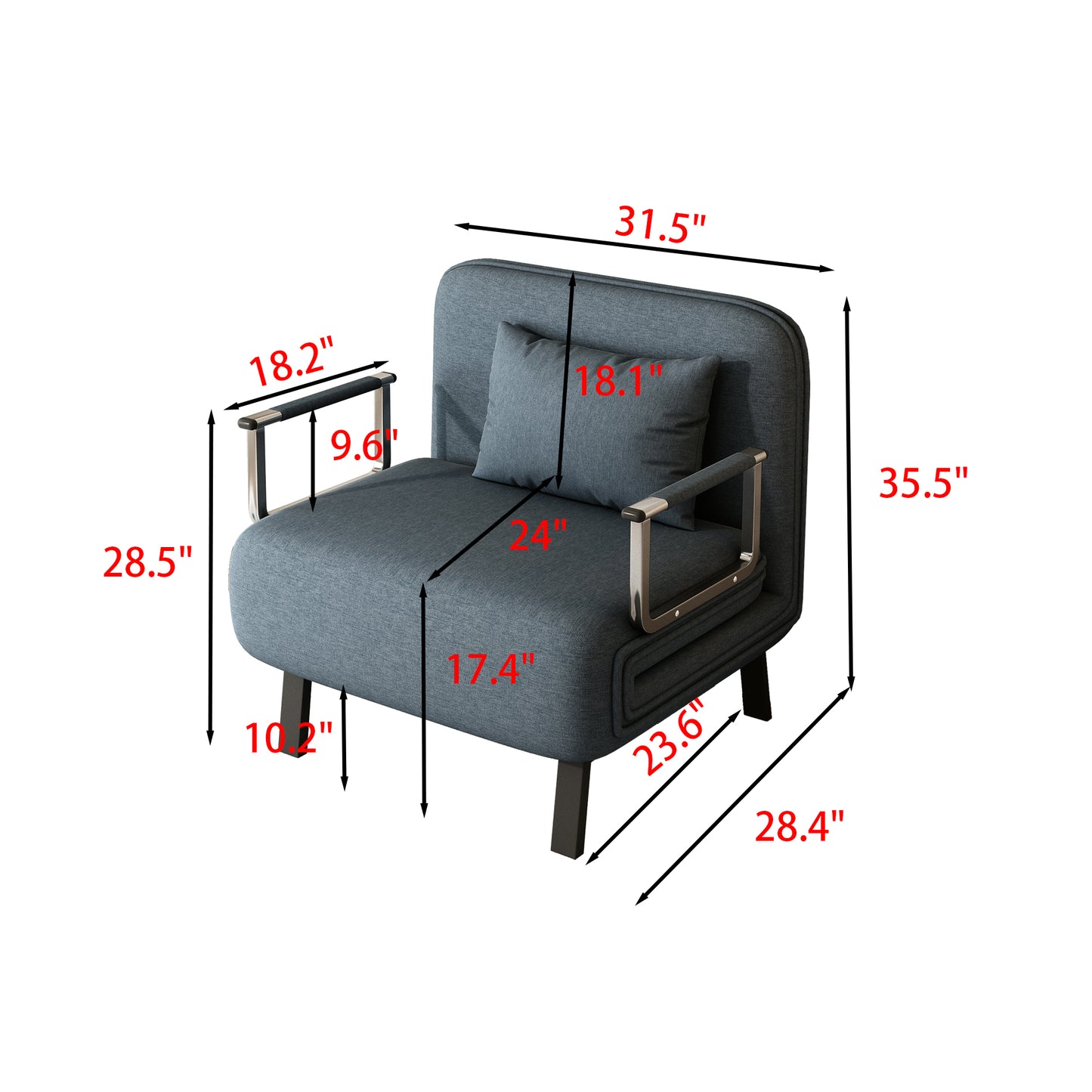 Convertible Chair Bed with Adjustable Backrest & Pillow, Velvet Upholstery, Sturdy Steel Frame