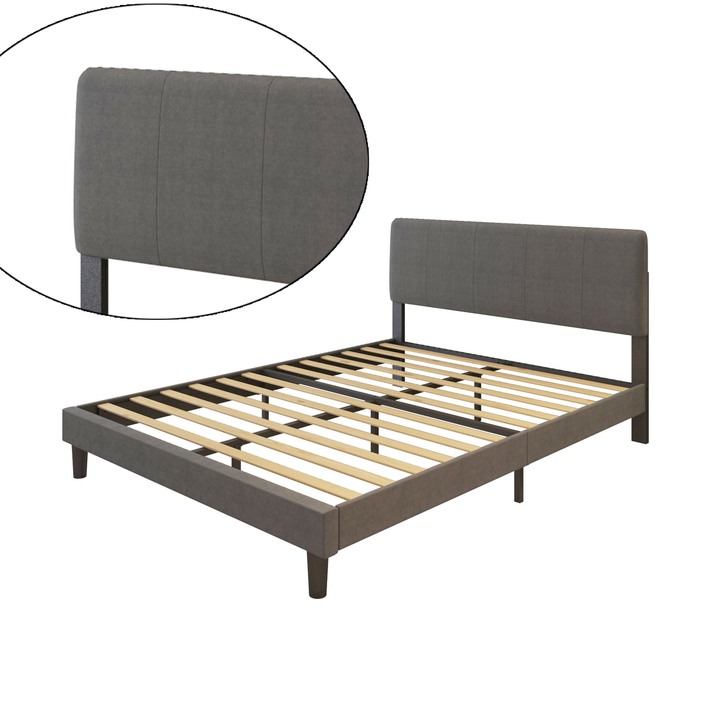 FULL Upholstered Headboard Platform Bed Frame ,With wood Slat Support,  Easy Assembly,  Dark Grey