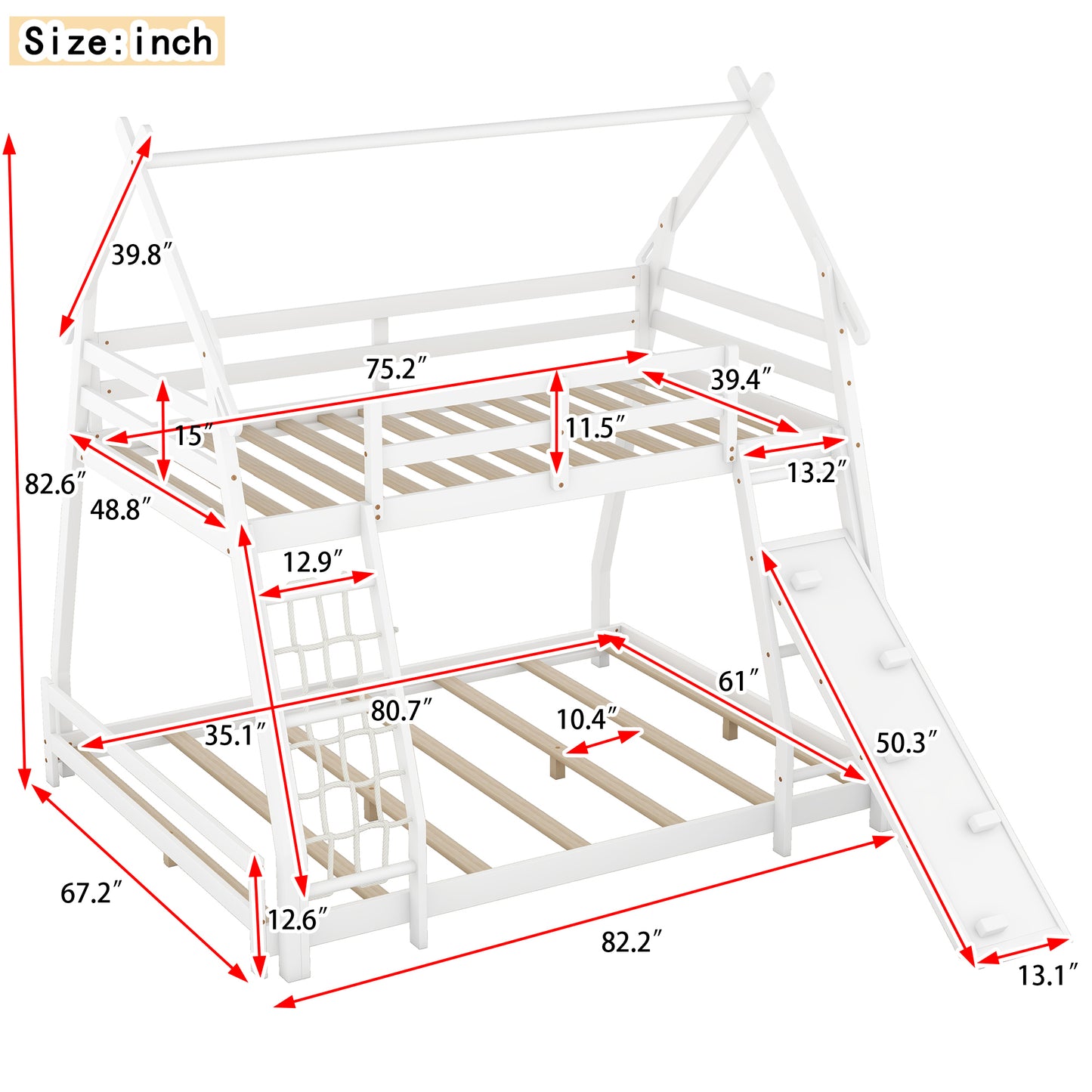 Twin and Queen Climbing House Bunk Bed with Nets and Ramp in White