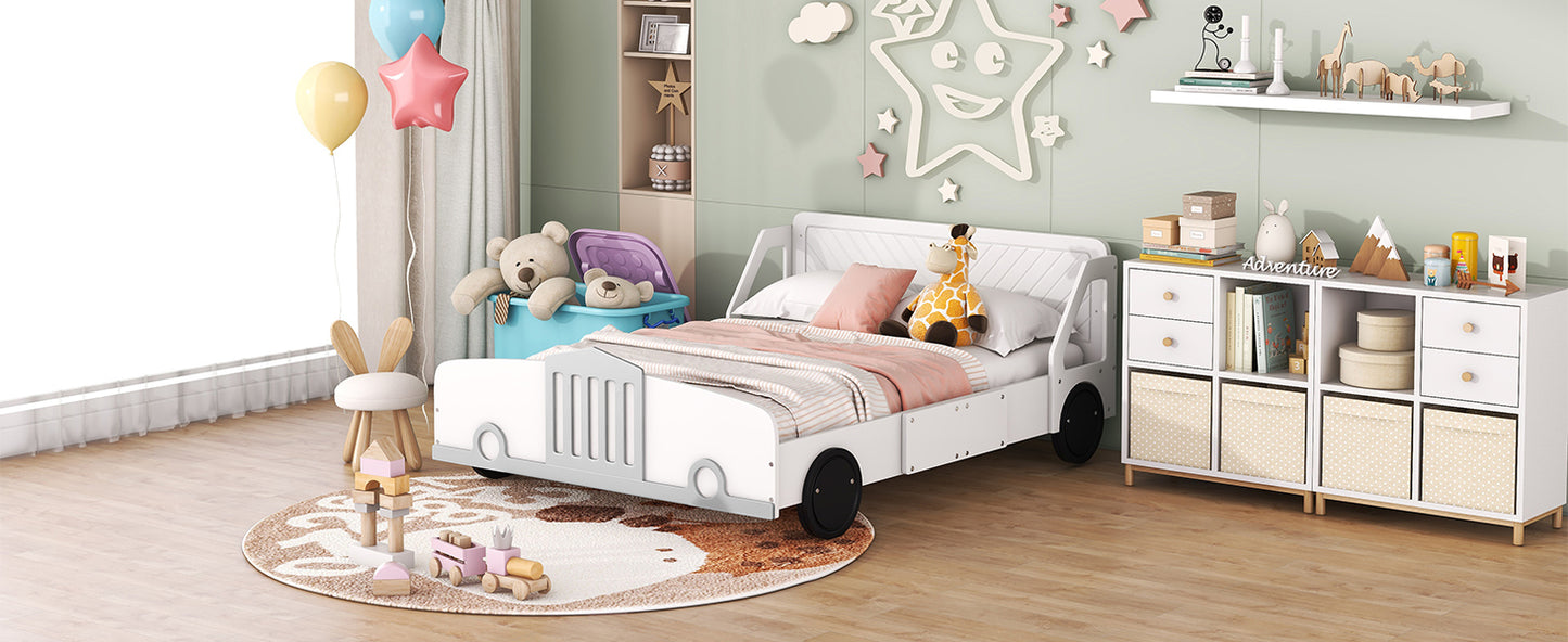 Full Size Car-Shaped Platform Bed with Wheels,White