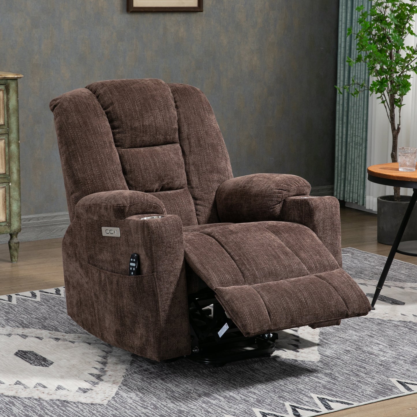 EMON'S Large Power Lift Recliner Chair with Massage and Heat, Overstuffed Wide Recliner with USB and Type C Ports, Brown