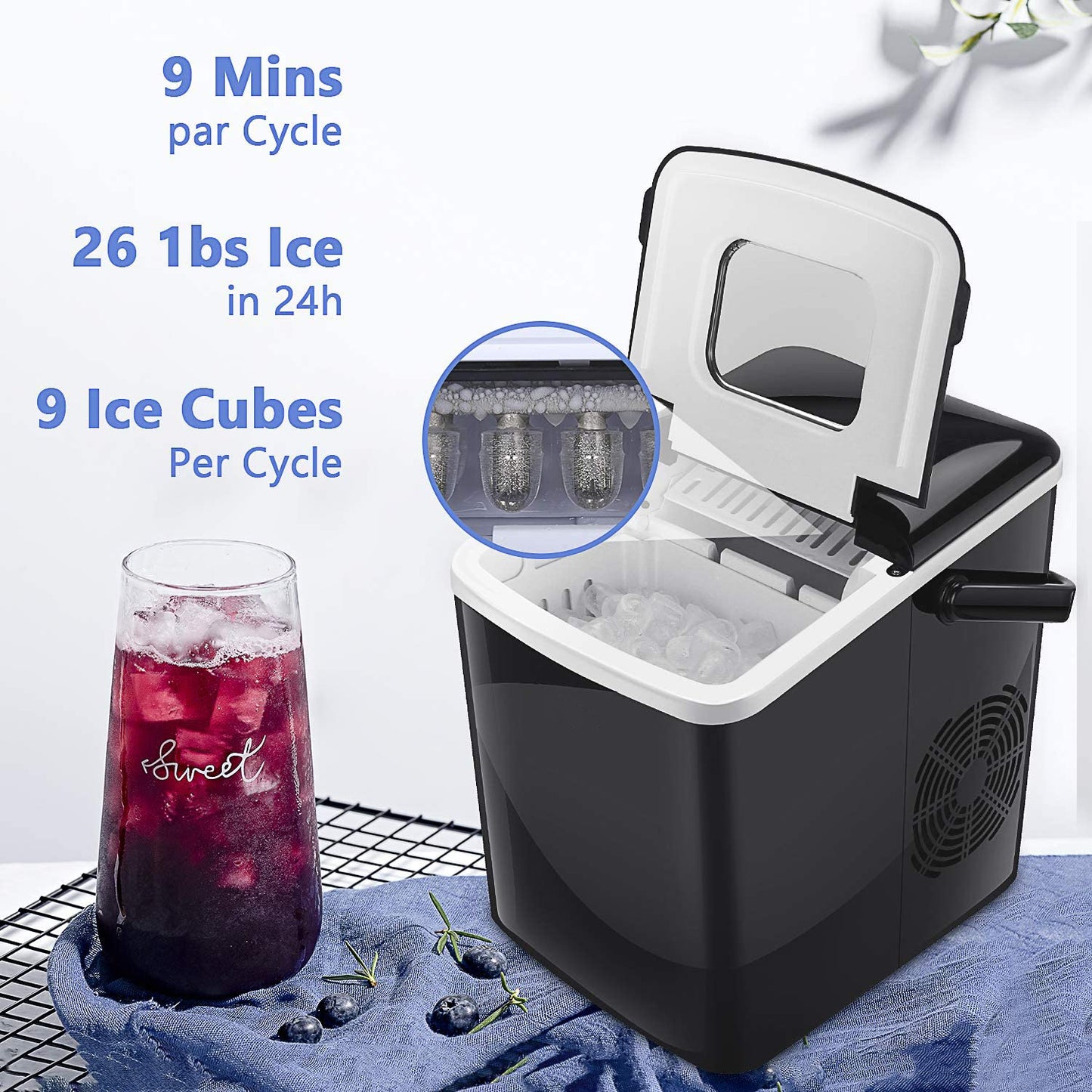 Rapid Ice Maker with Customizable Cube Sizes: 9 Cubes Ready in 9 Minutes/26lbs Daily